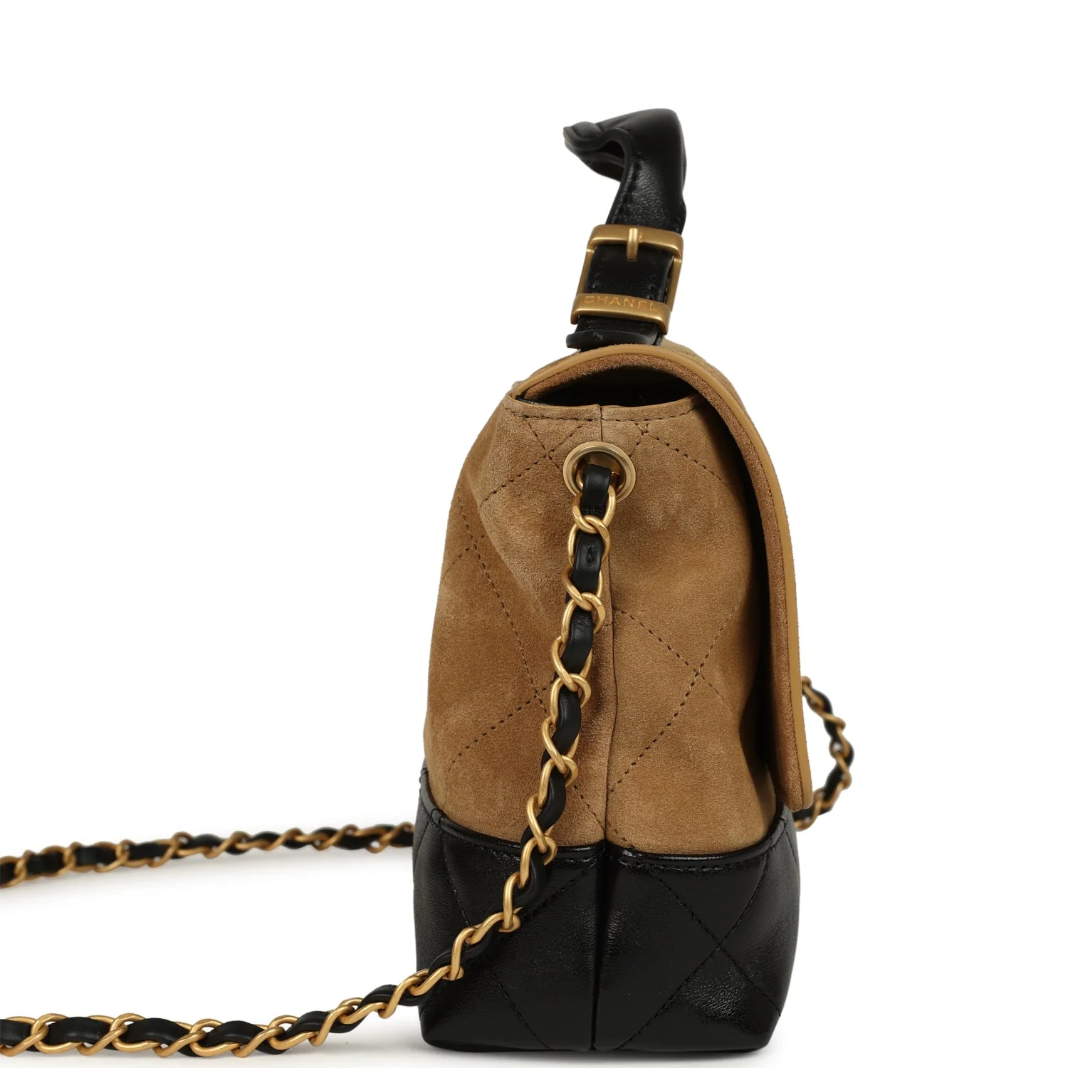 Chanel Coco Base Top Handle Flap Bag Brown Suede and Black Shiny Lambskin Brushed Gold Hardware