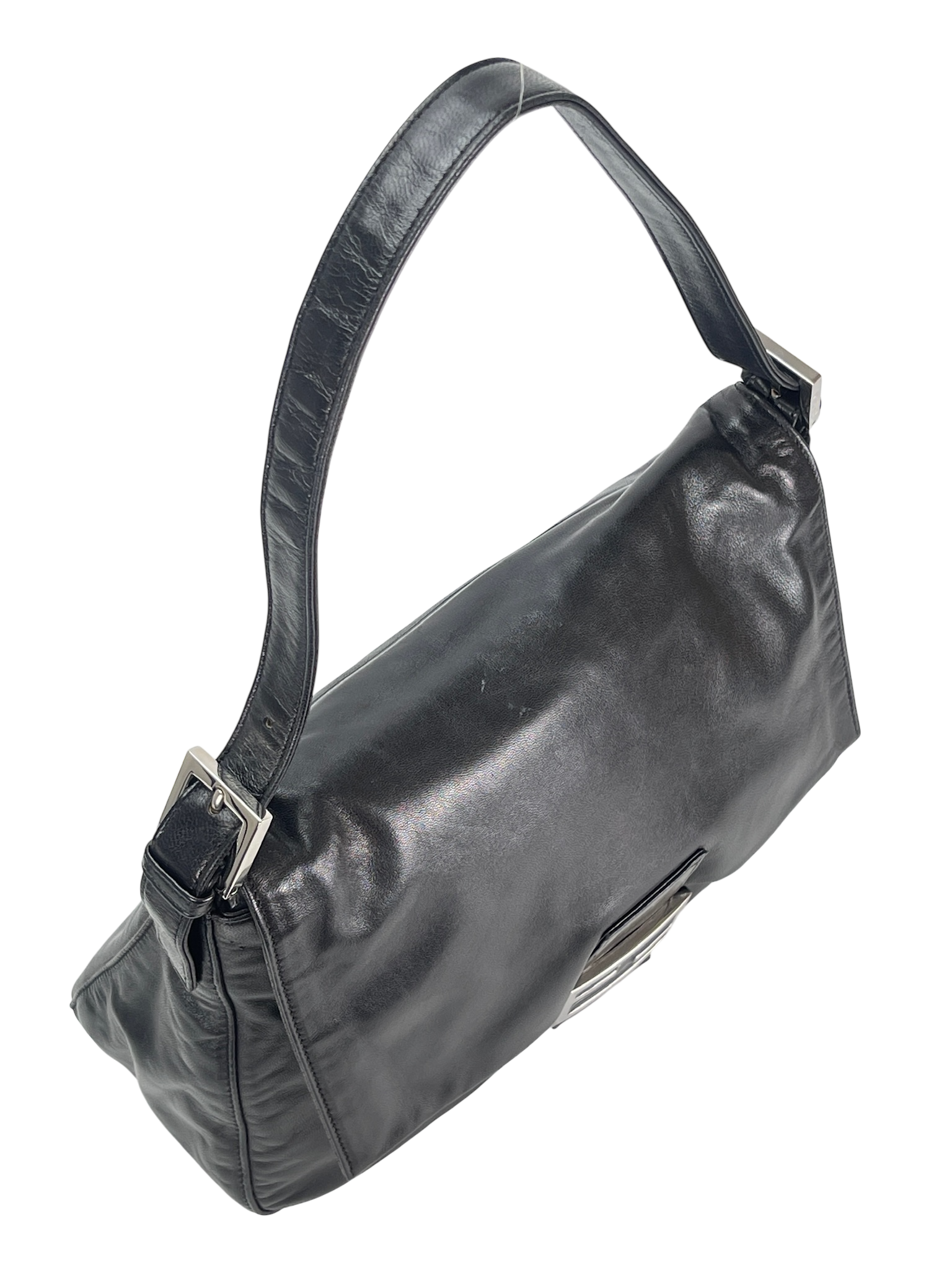 FENDI - Black Leather Zucca Mamma Baguette Handbag Silver Hardware