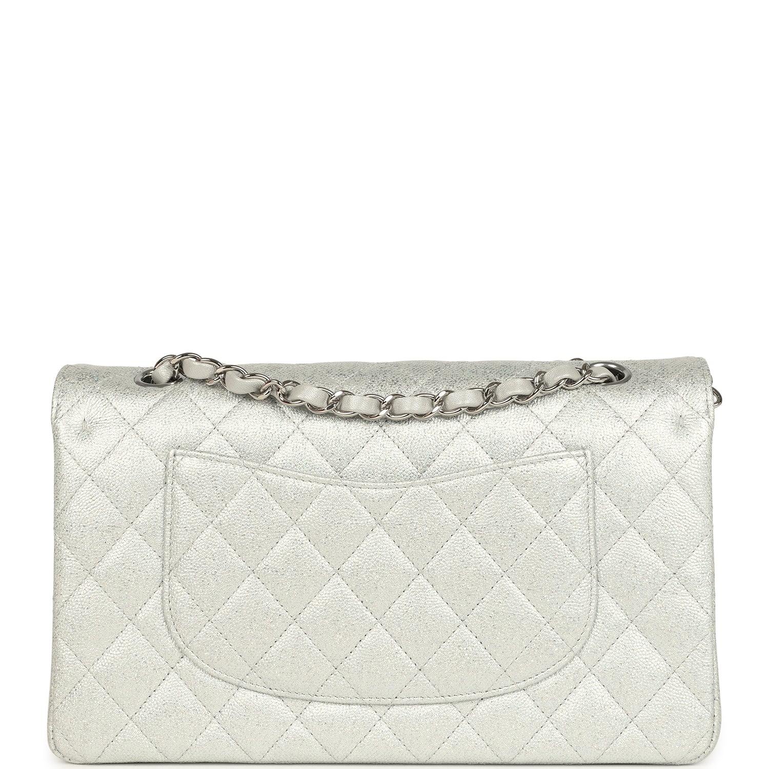 Chanel Medium Classic Double Flap Silver Glitter Caviar Silver Hardware