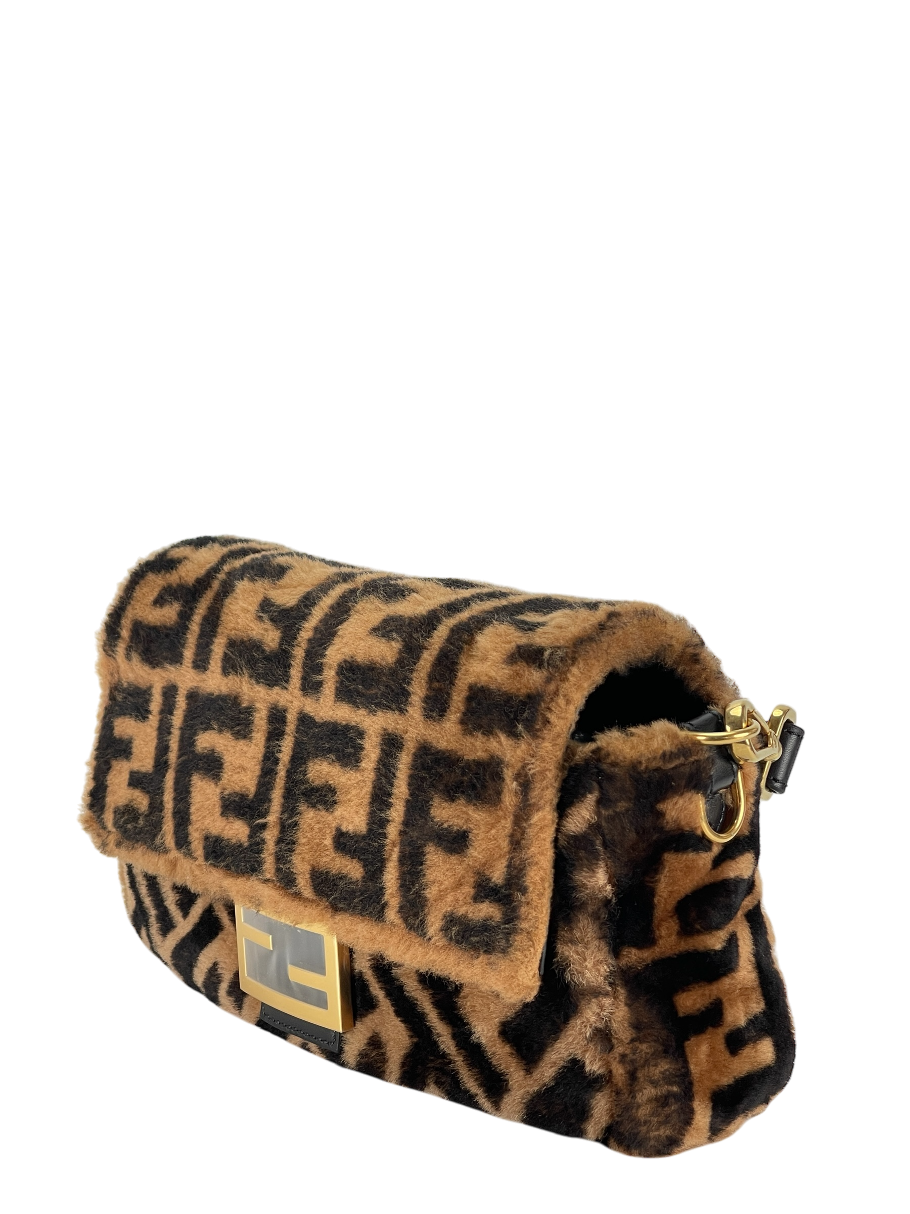 FENDI - Baguette Shoulder Bag Brown Zucca Shearling and Leather