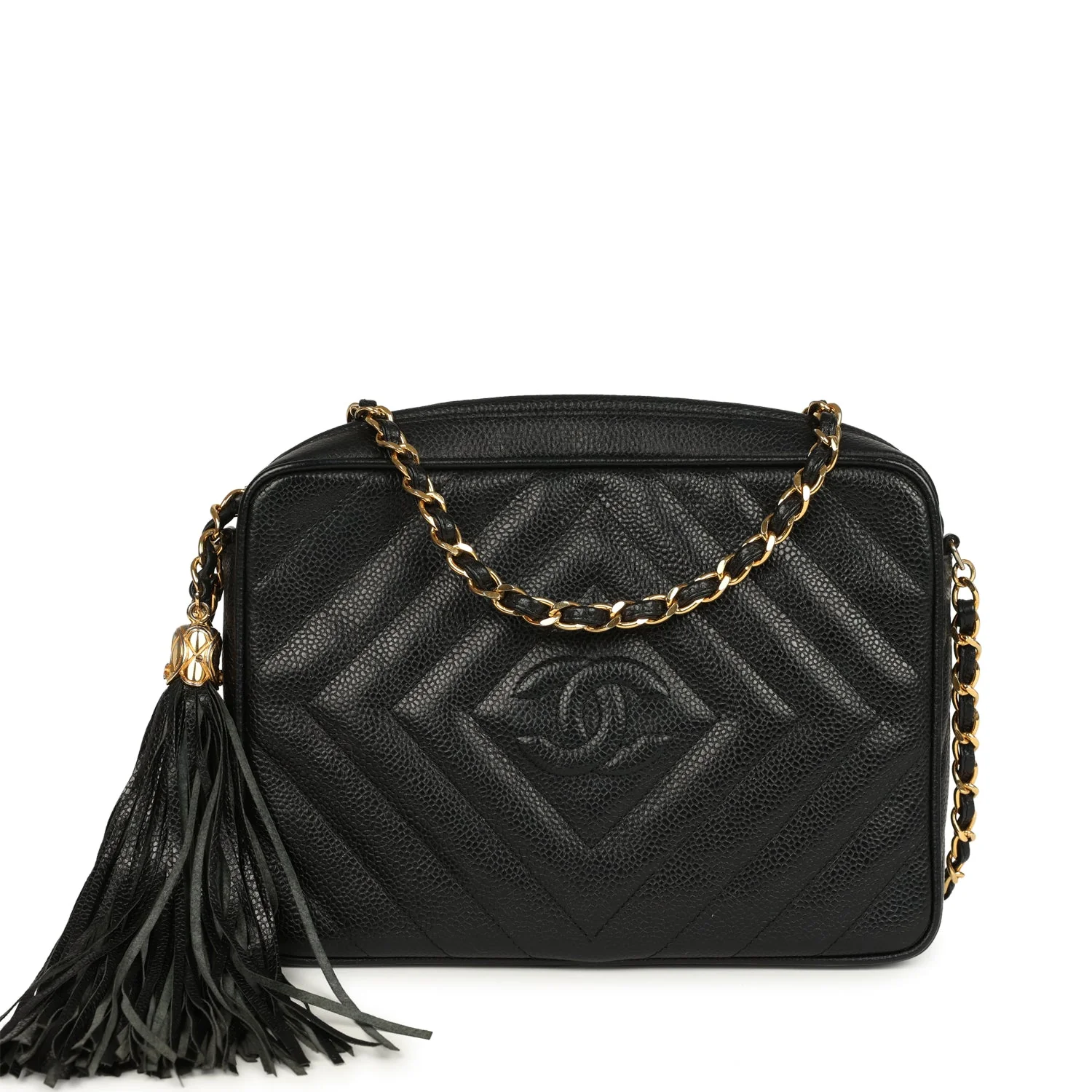 Vintage Chanel Small Diamond Quilted Camera Bag Black Caviar Gold Hardware