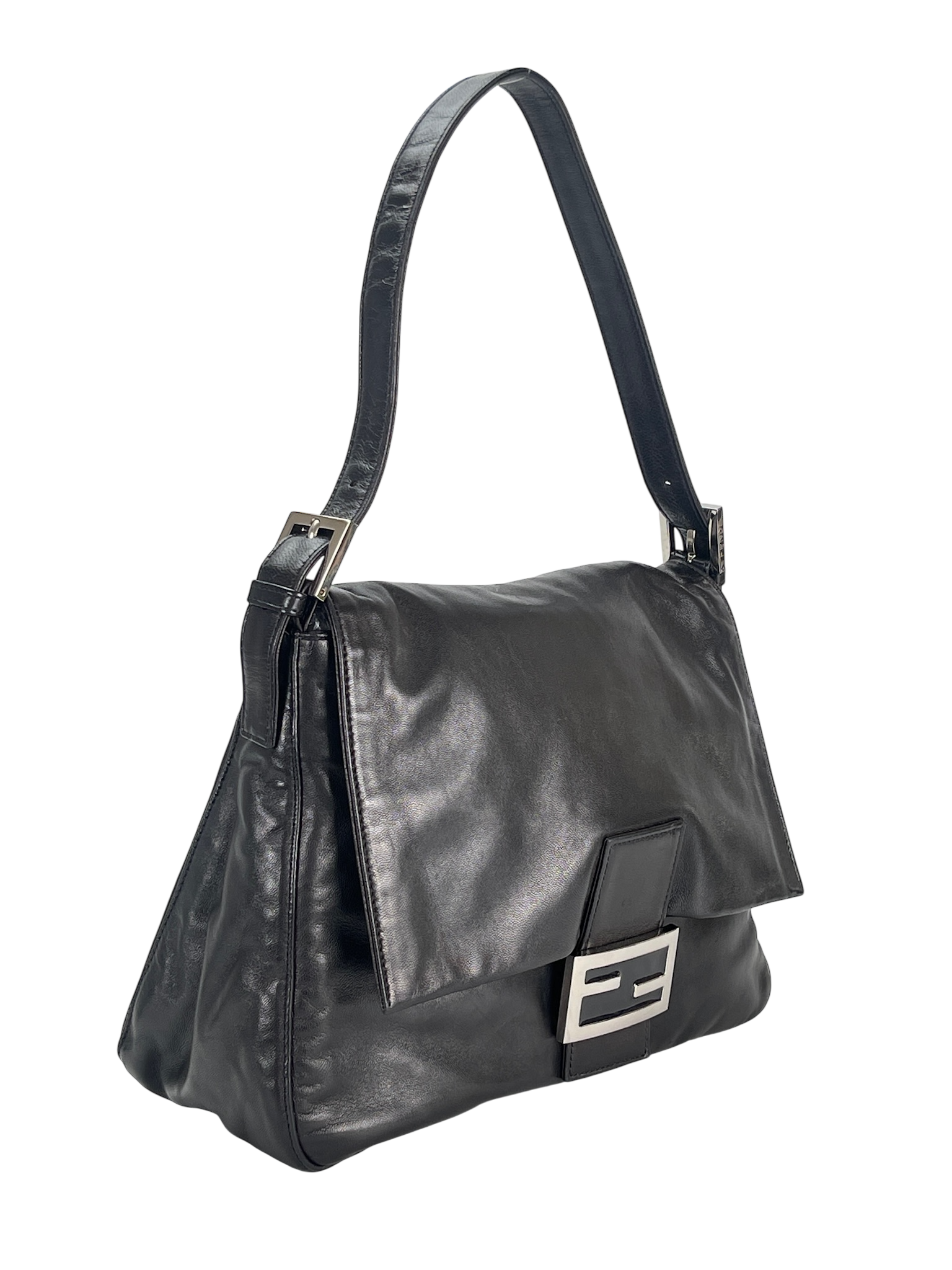 FENDI - Black Leather Zucca Mamma Baguette Handbag Silver Hardware