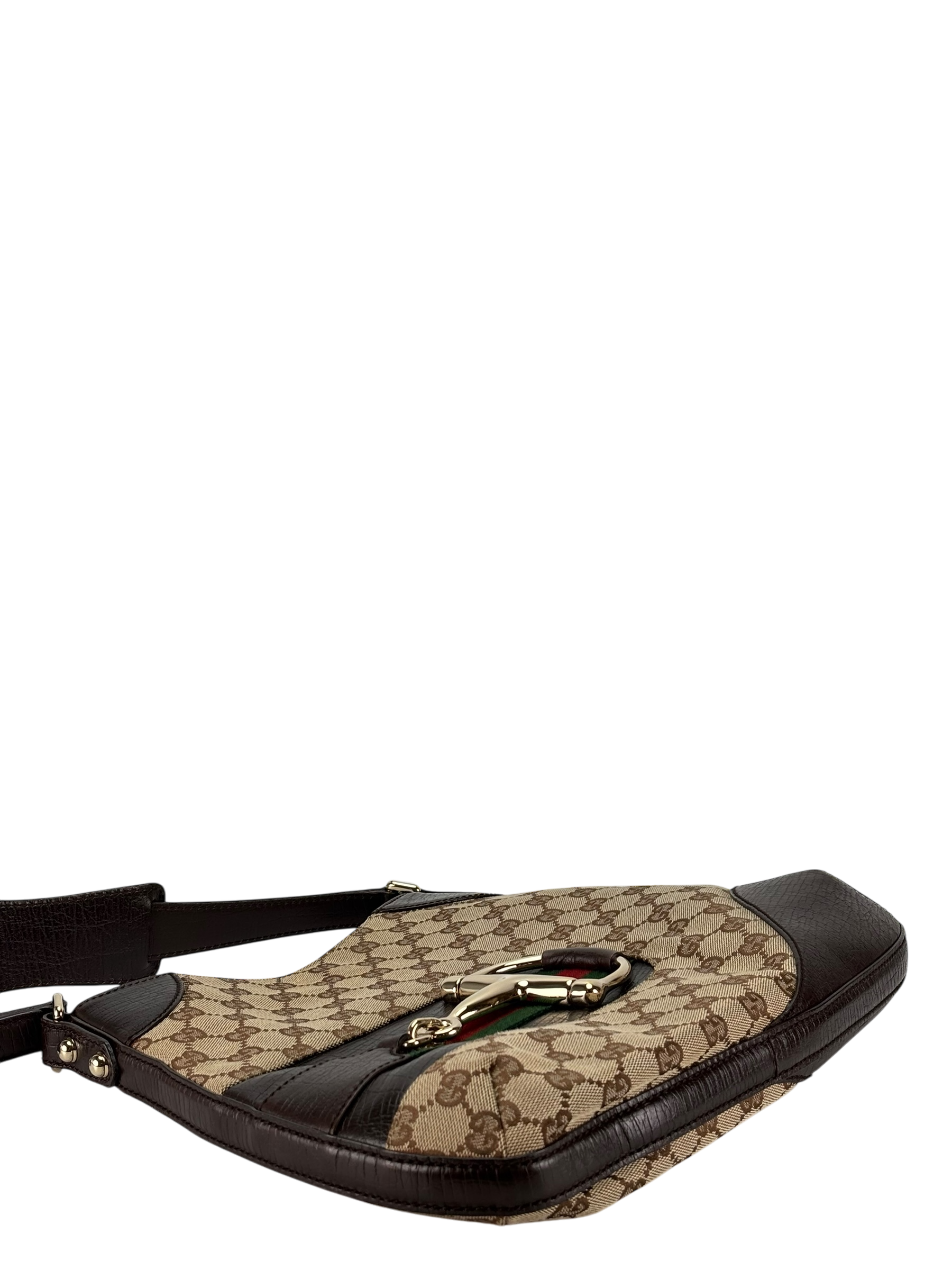 GUCCI -  Brown Leather Canvas GG Pattern Horsebit One Shoulder Bag