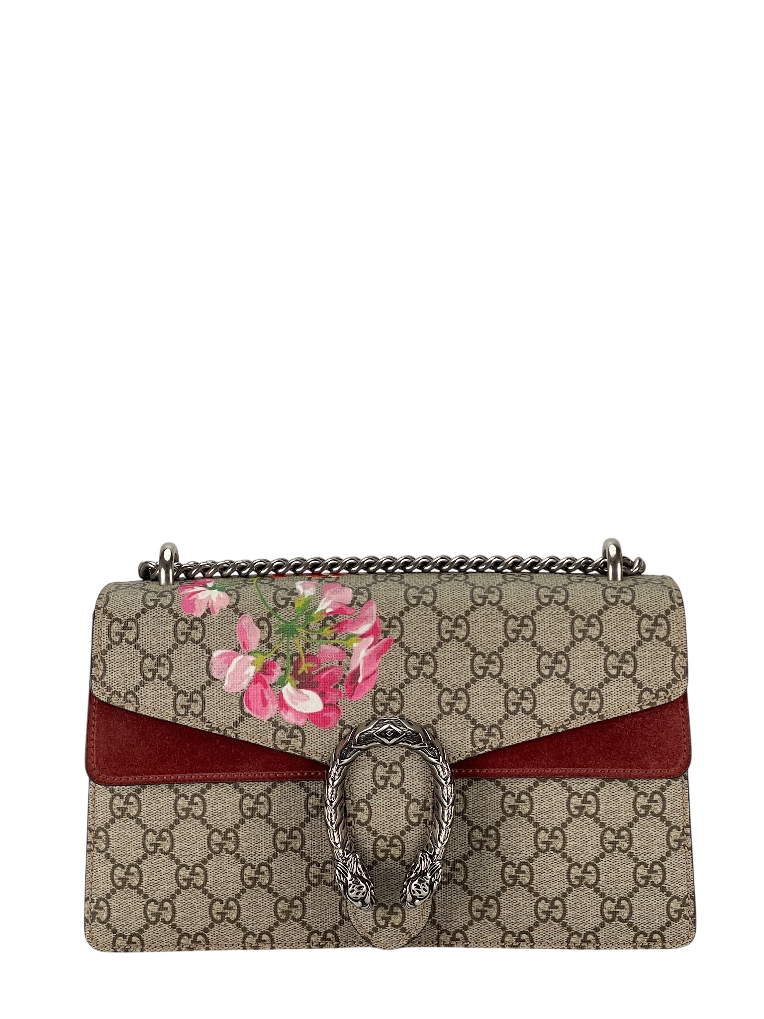 GUCCI - GG Supreme Canvas And Red Suede Blooms Dionysus Shoulder Bag