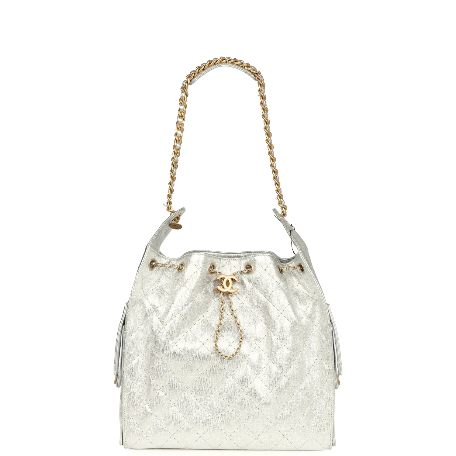 Chanel Medium 25 Hobo Bag Metallic Silver Caviar Antique Gold Hardware