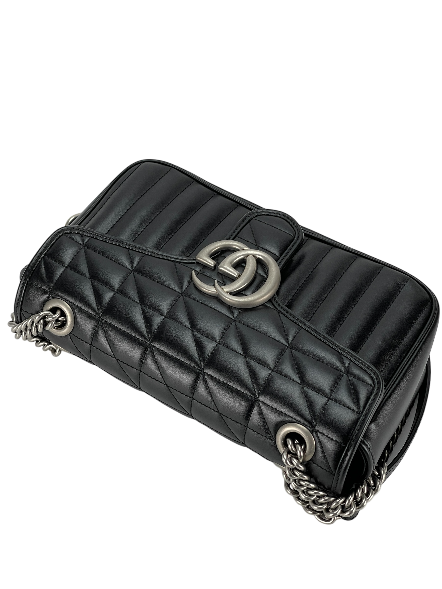 GUCCI - Black GG Marmont Medium Shoulder Bag Sliver Hardware