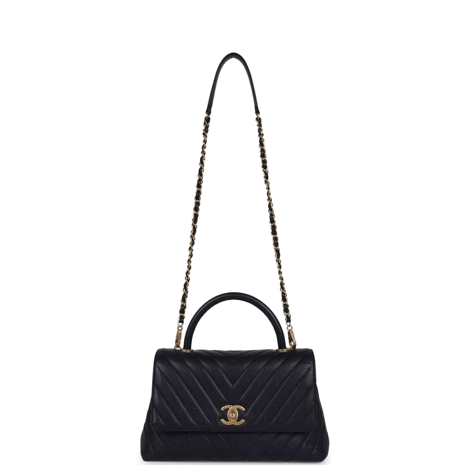 Pre-owned Chanel Medium Coco Top Handle Navy Blue Chevron Caviar Antique Gold Hardware