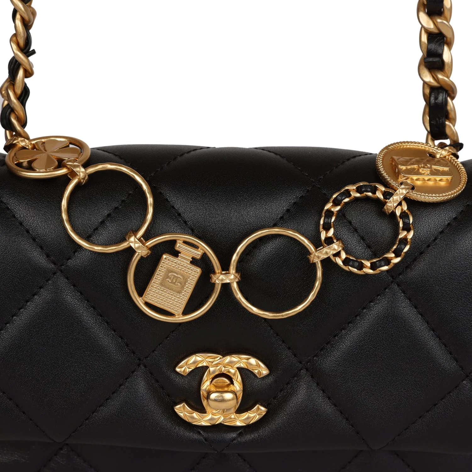 Chanel Mini Charms Flap Bag Black Lambskin Brushed Gold Hardware