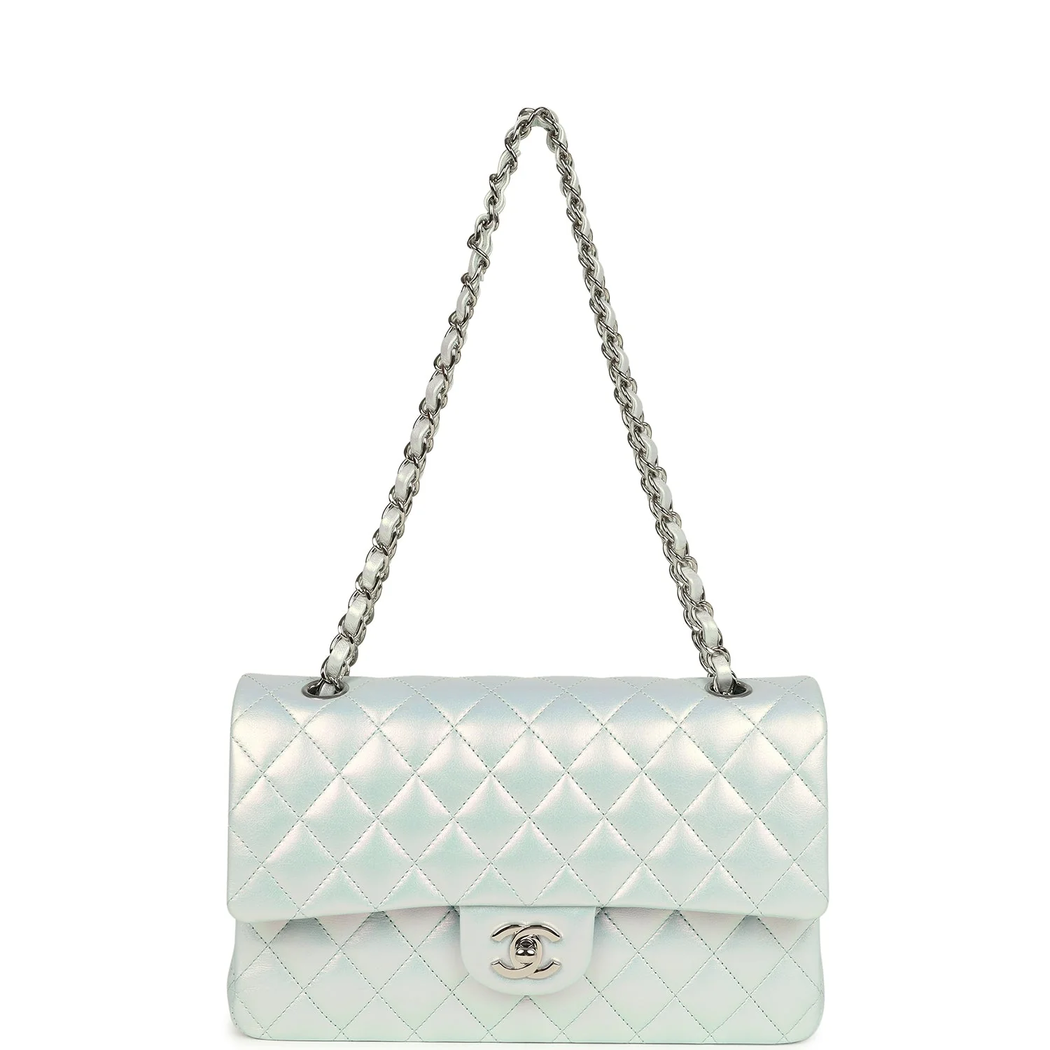 Pre-owned Chanel Medium Classic Double Flap Bag Light Blue Iridescent Calfskin Silver Hardware