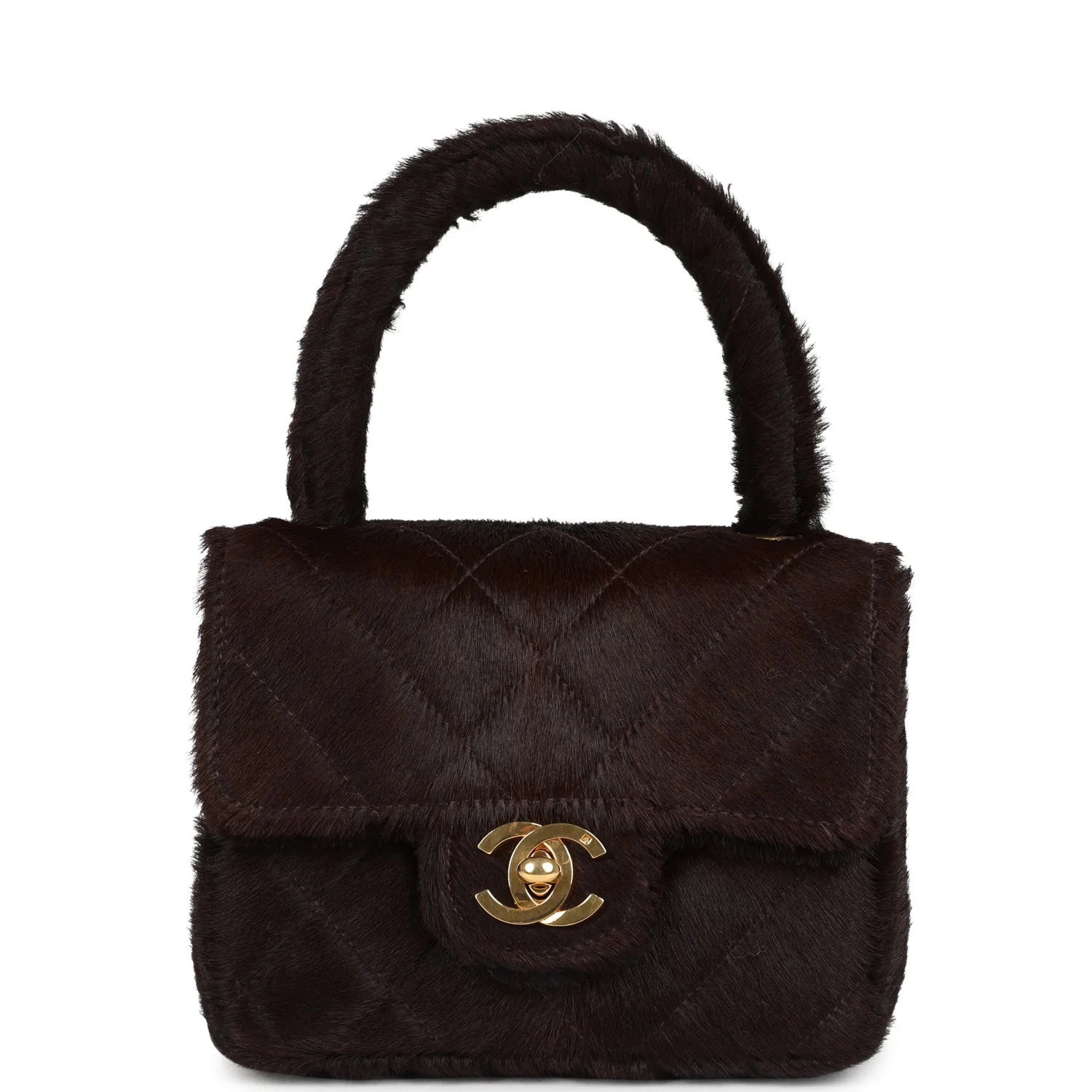 Vintage Chanel Micro Kelly Child Dark Brown Pony Hair Gold Hardware