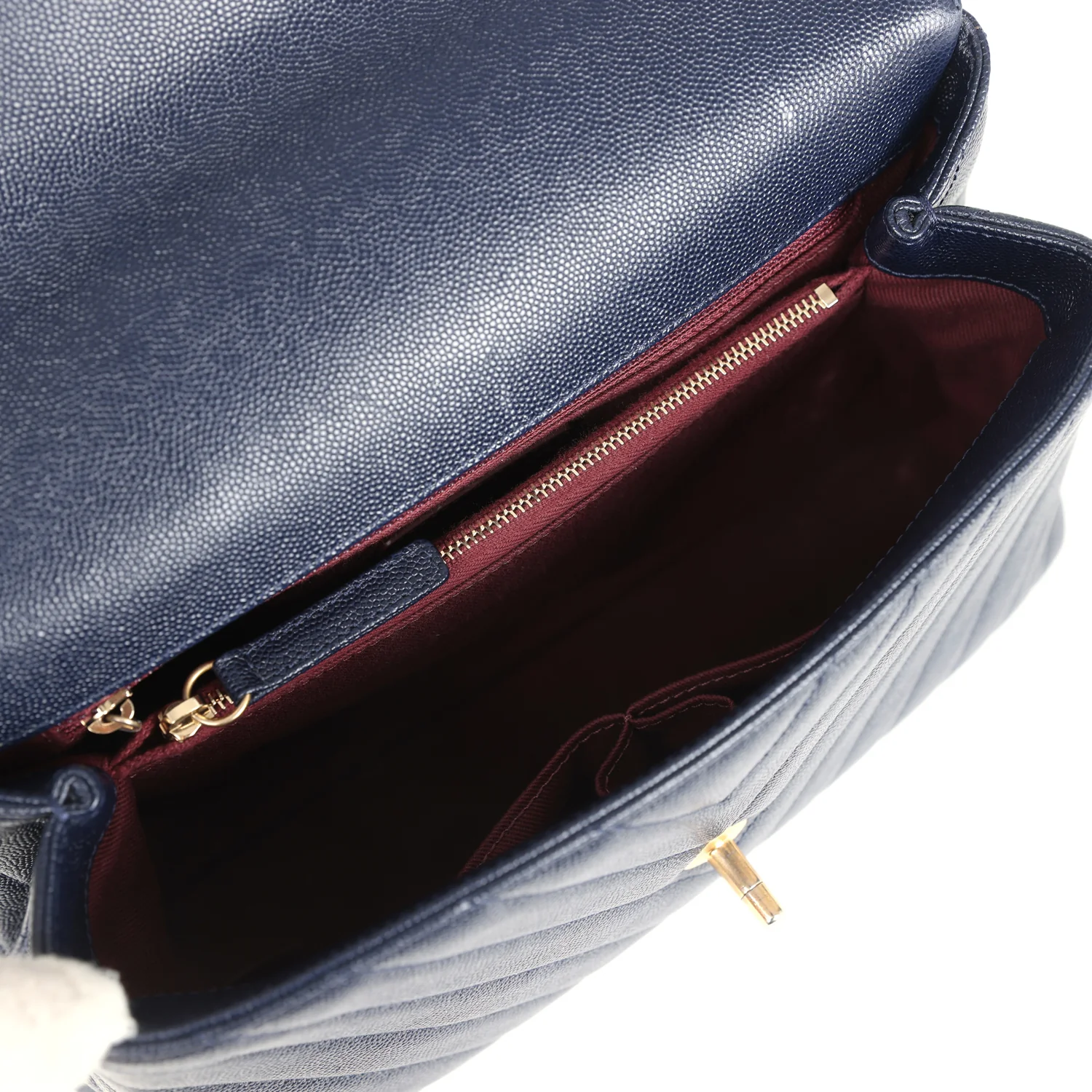 Pre-owned Chanel Medium Coco Top Handle Navy Blue Chevron Caviar Antique Gold Hardware