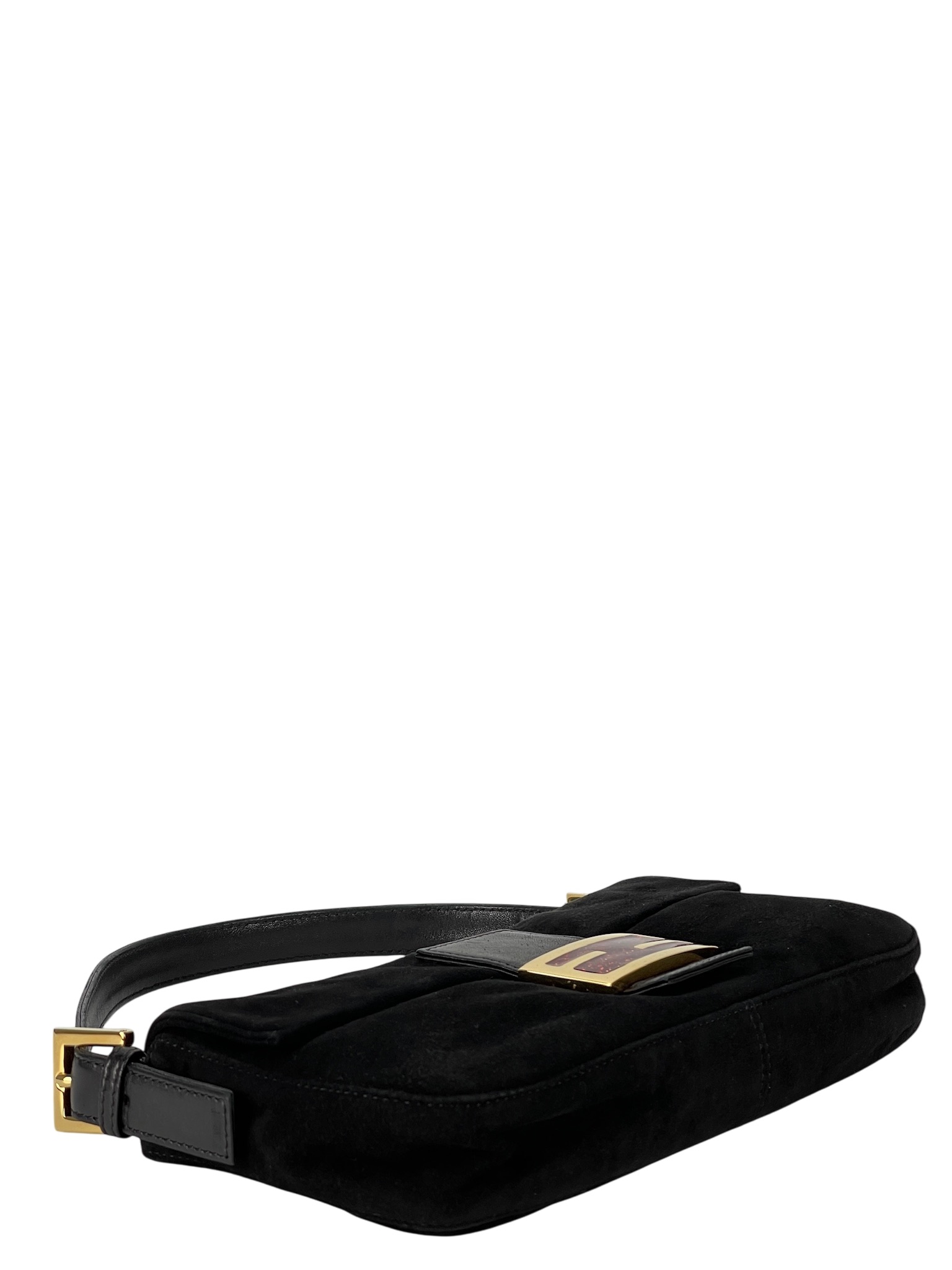 FENDI - Black Suede Baguette Handbag Gold Hardware
