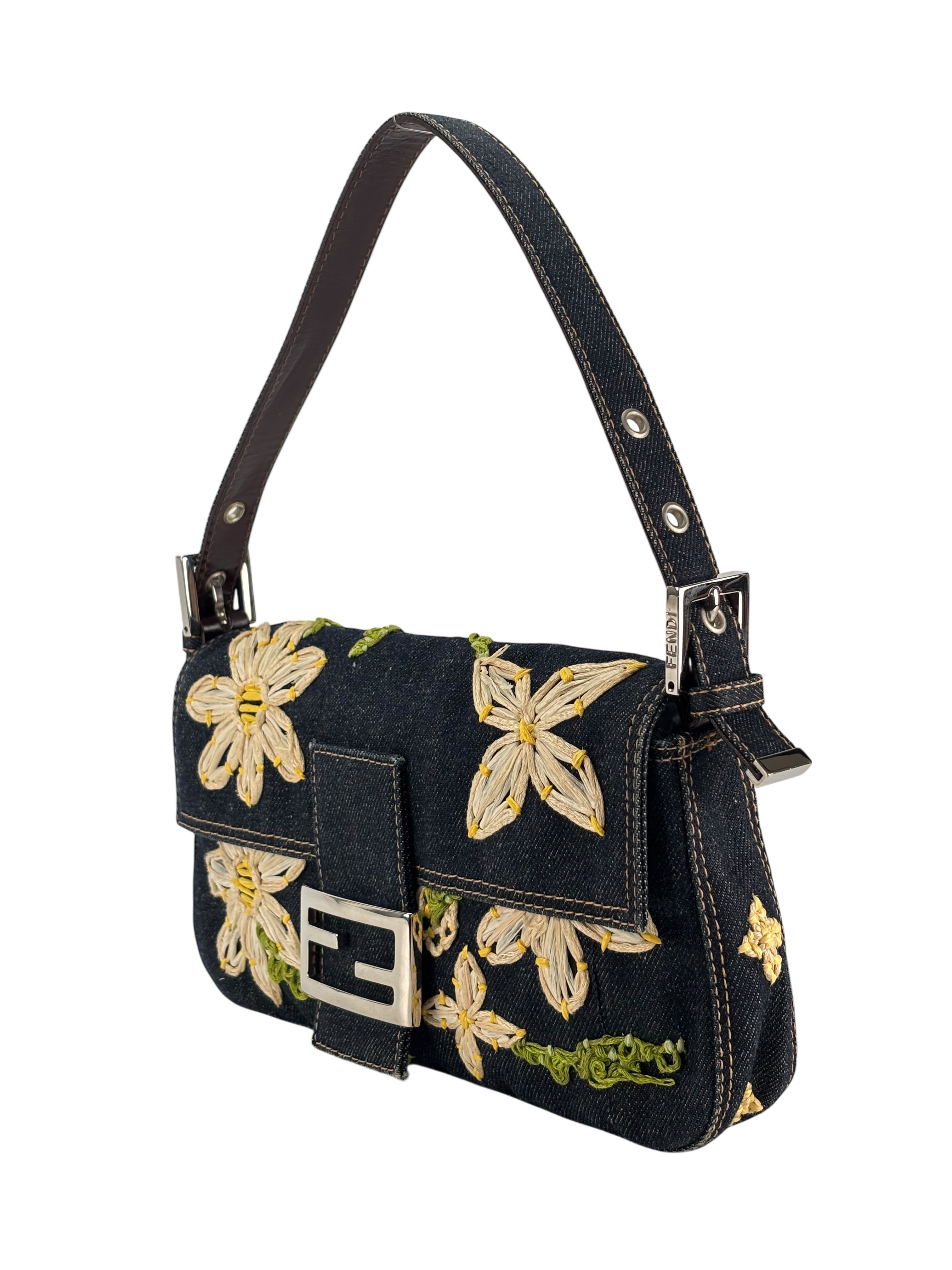 FENDI - Small Baguette Bag Denim Flower Navy