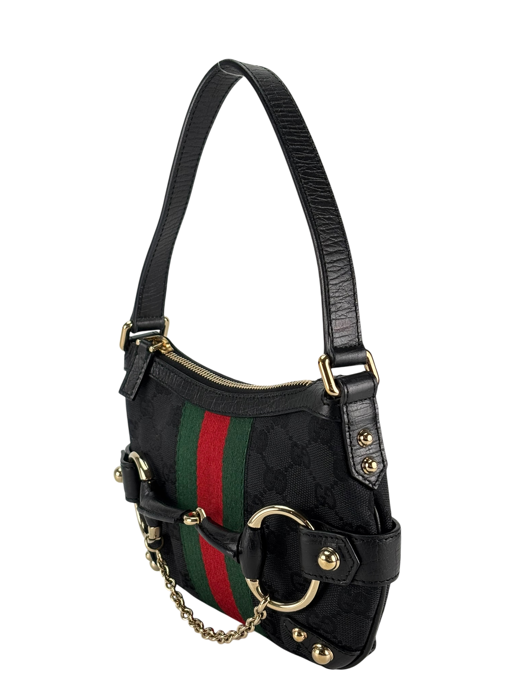 GUCCI - Black GG Monogram Small Horsebit Handbag