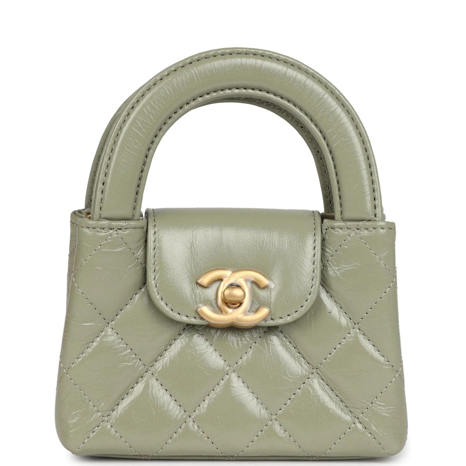 Chanel Nano Kelly Shopper Khaki Shiny Aged Calfskin Brushed Gold Hardware