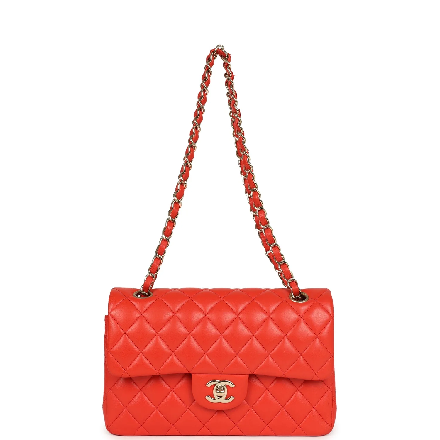 Pre-owned Chanel Small Classic Double Flap Bag Red Lambskin Light Gold Hardware