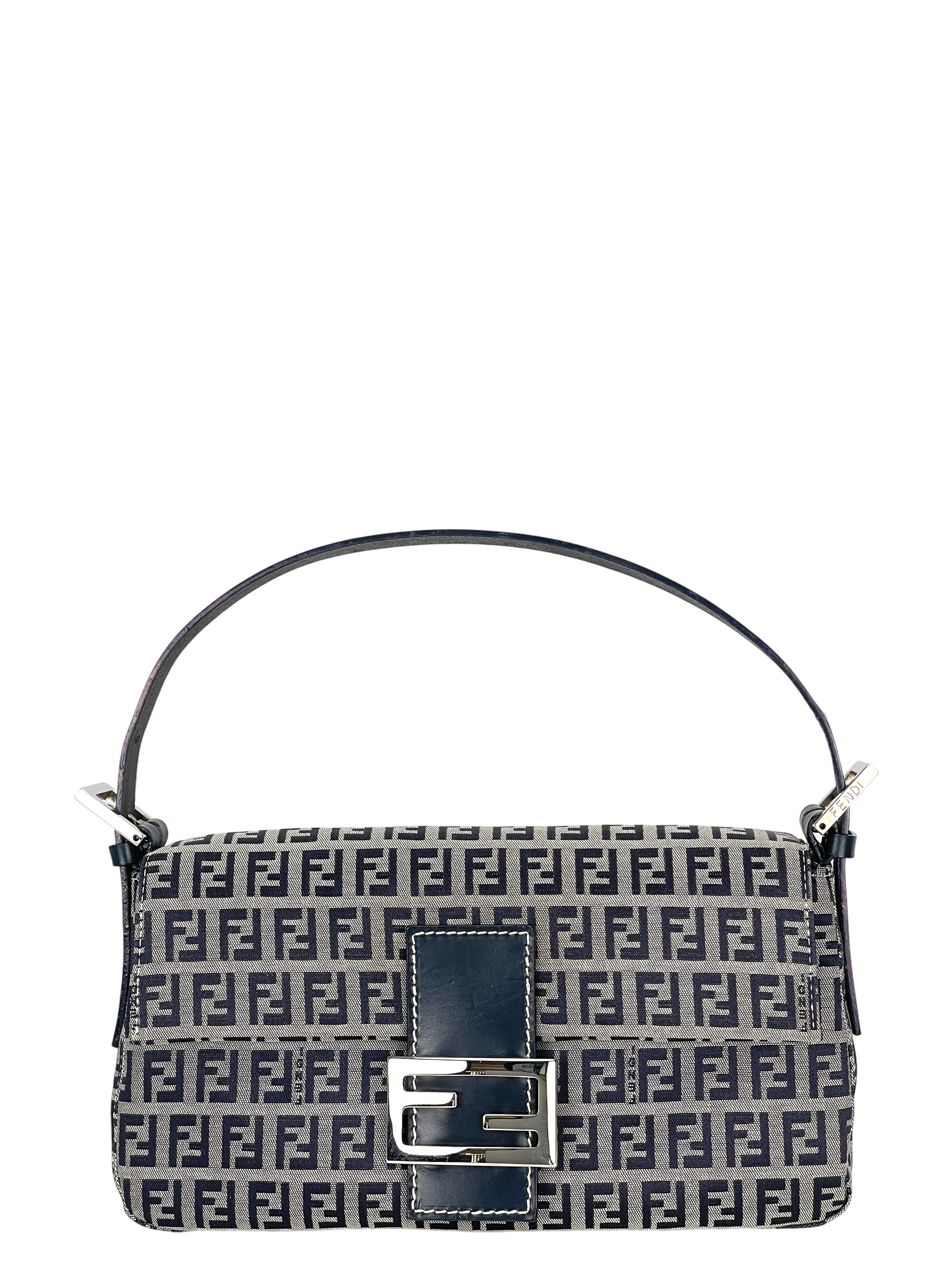 FENDI - Small Navy Canvas Zucchino Mamma Baguette Sliver Hardware