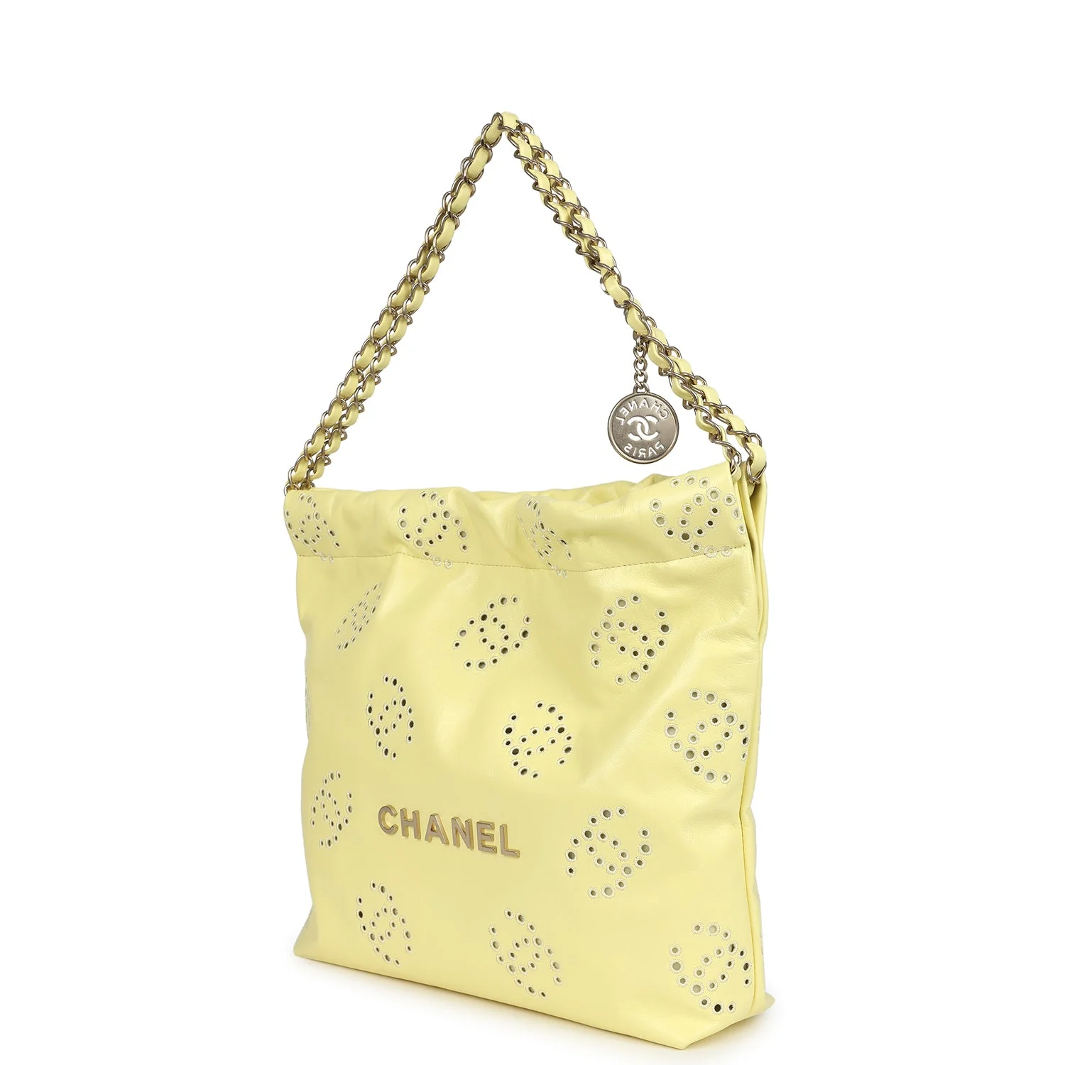 Chanel Small 22 Bag Yellow Shiny Calfskin Brushed Gold Hardware