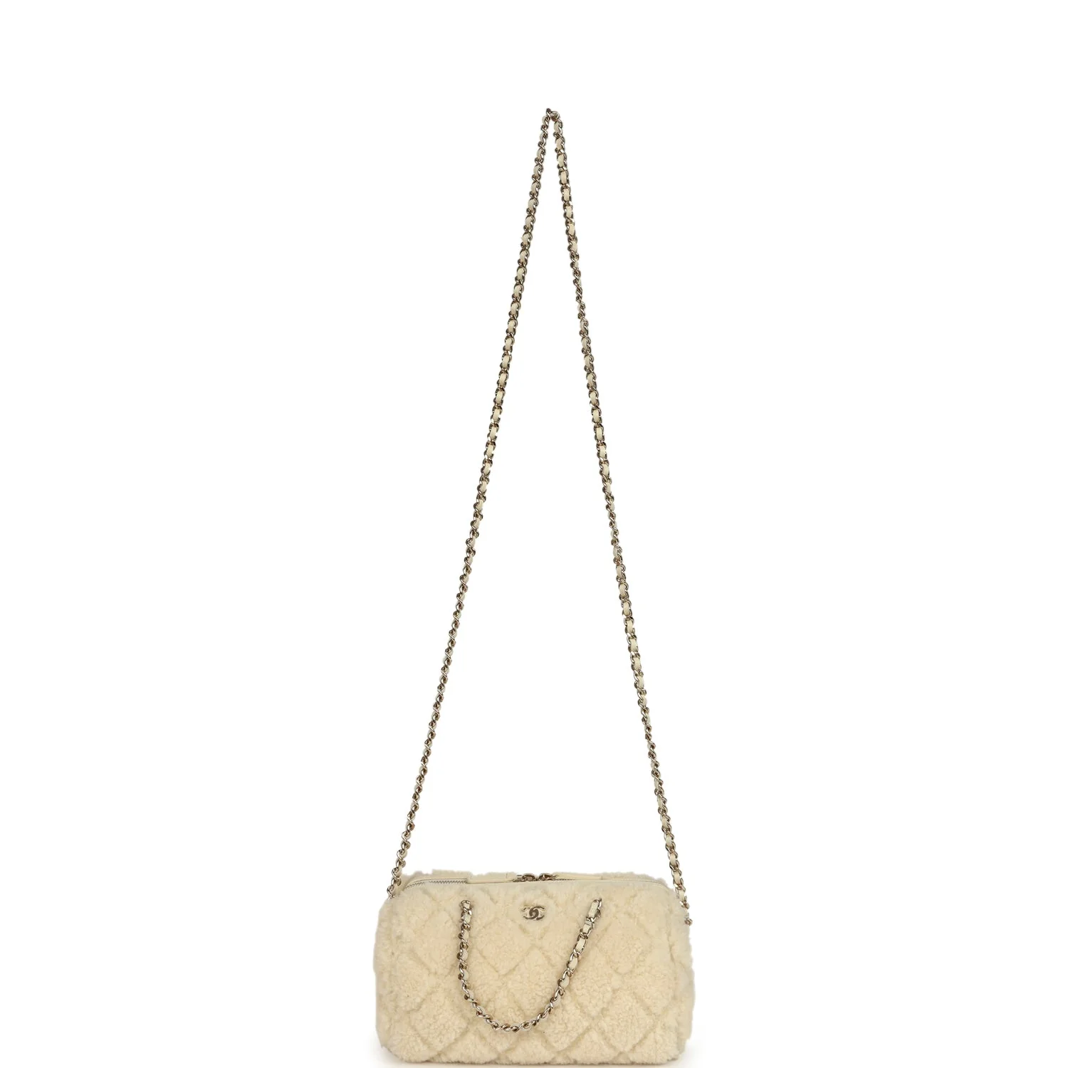 Chanel Mini Timeless Classic Barrel Bag with Chain Beige Shearling Light Gold Hardware