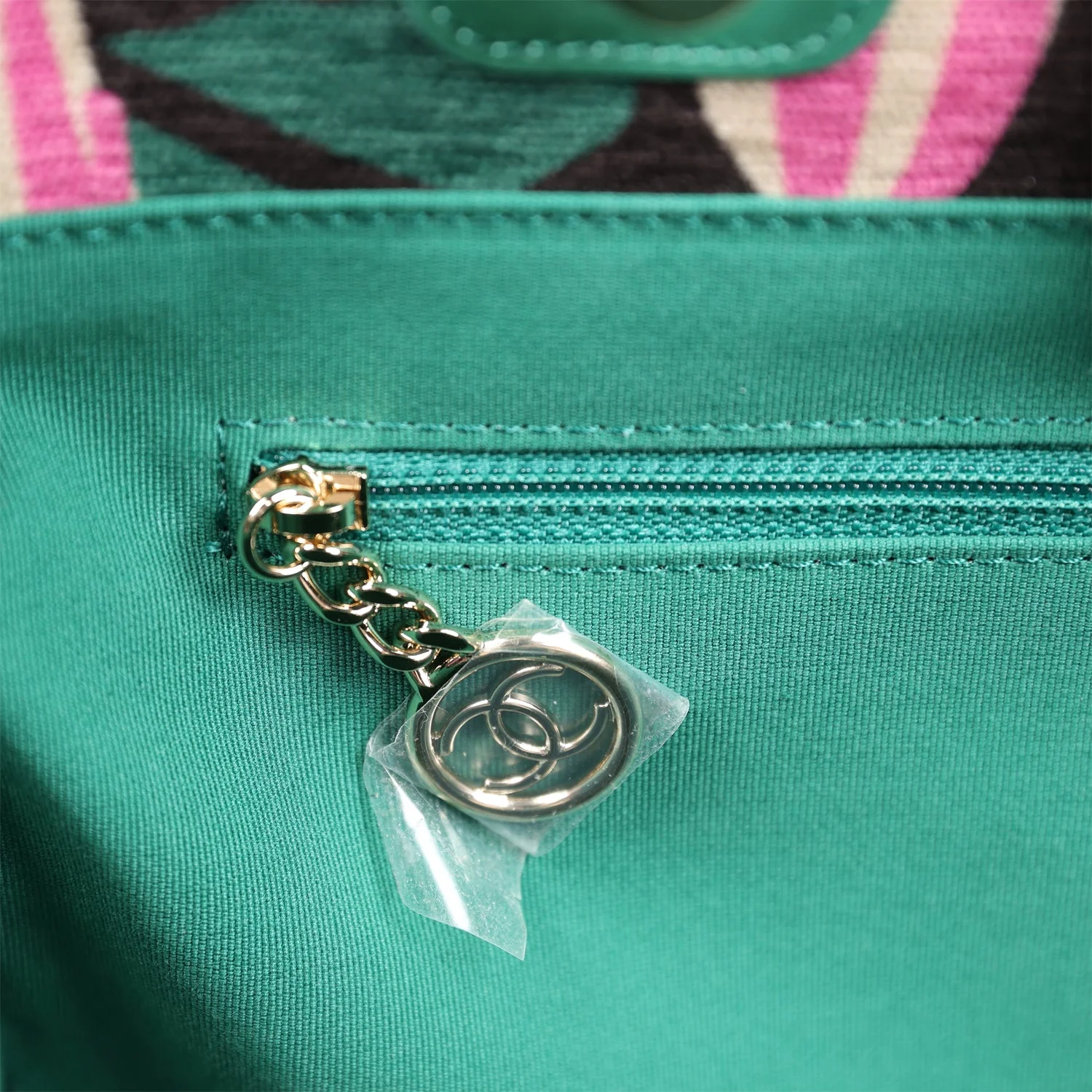 Chanel Small Deauville Shopping Tote Green and Pink Tropical Floral Velvet Light Gold Hardware