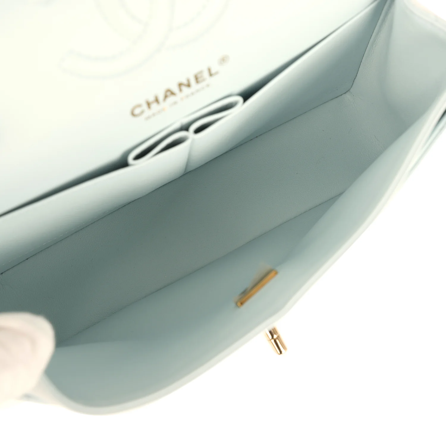 Chanel Small Classic Double Flap Bag Light Blue Shiny Caviar Light Gold Hardware