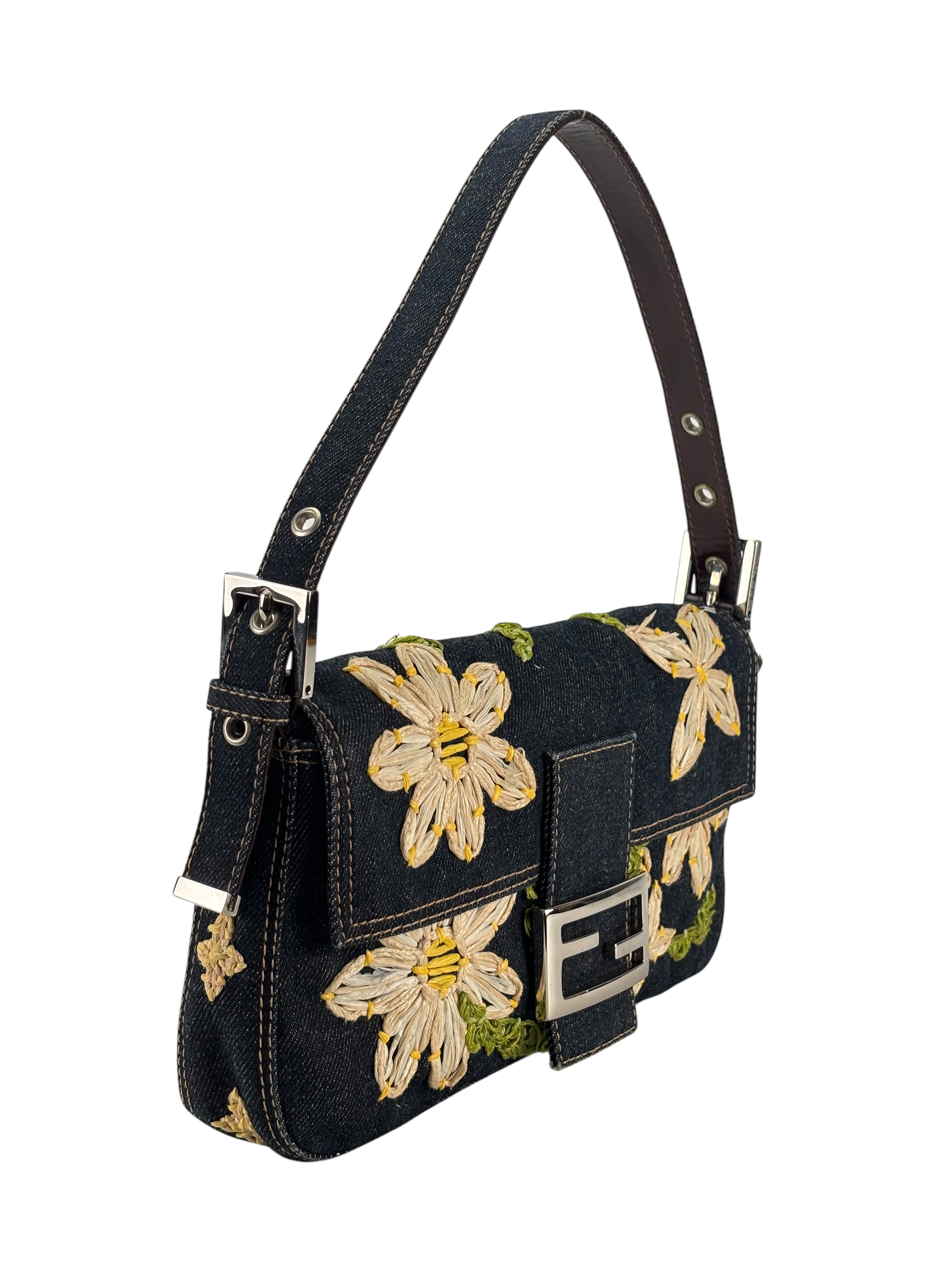 FENDI - Small Baguette Bag Denim Flower Navy