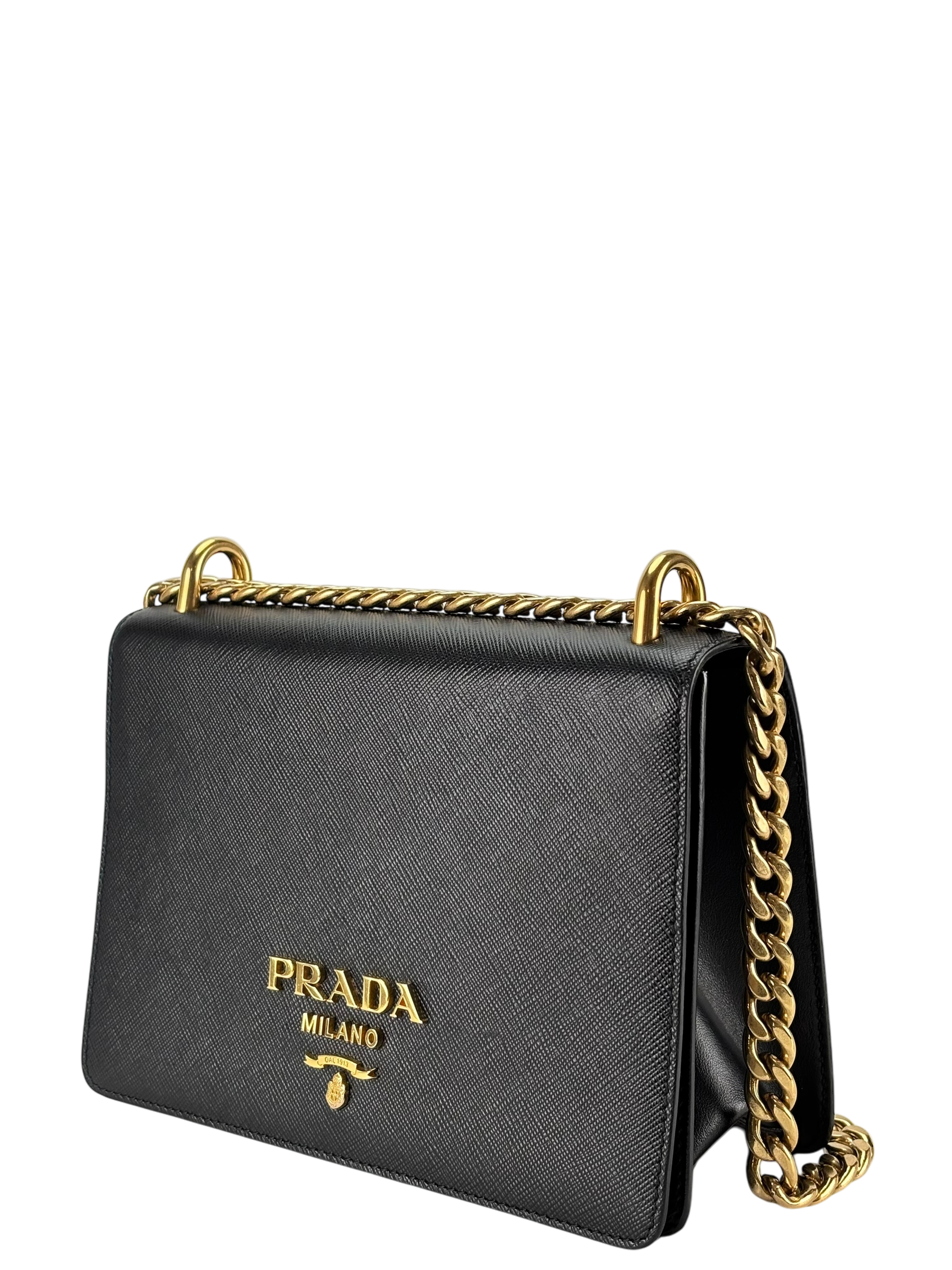 PRADA - Black Leather Saffiano Chain Shoulder Bag Gold Hardware