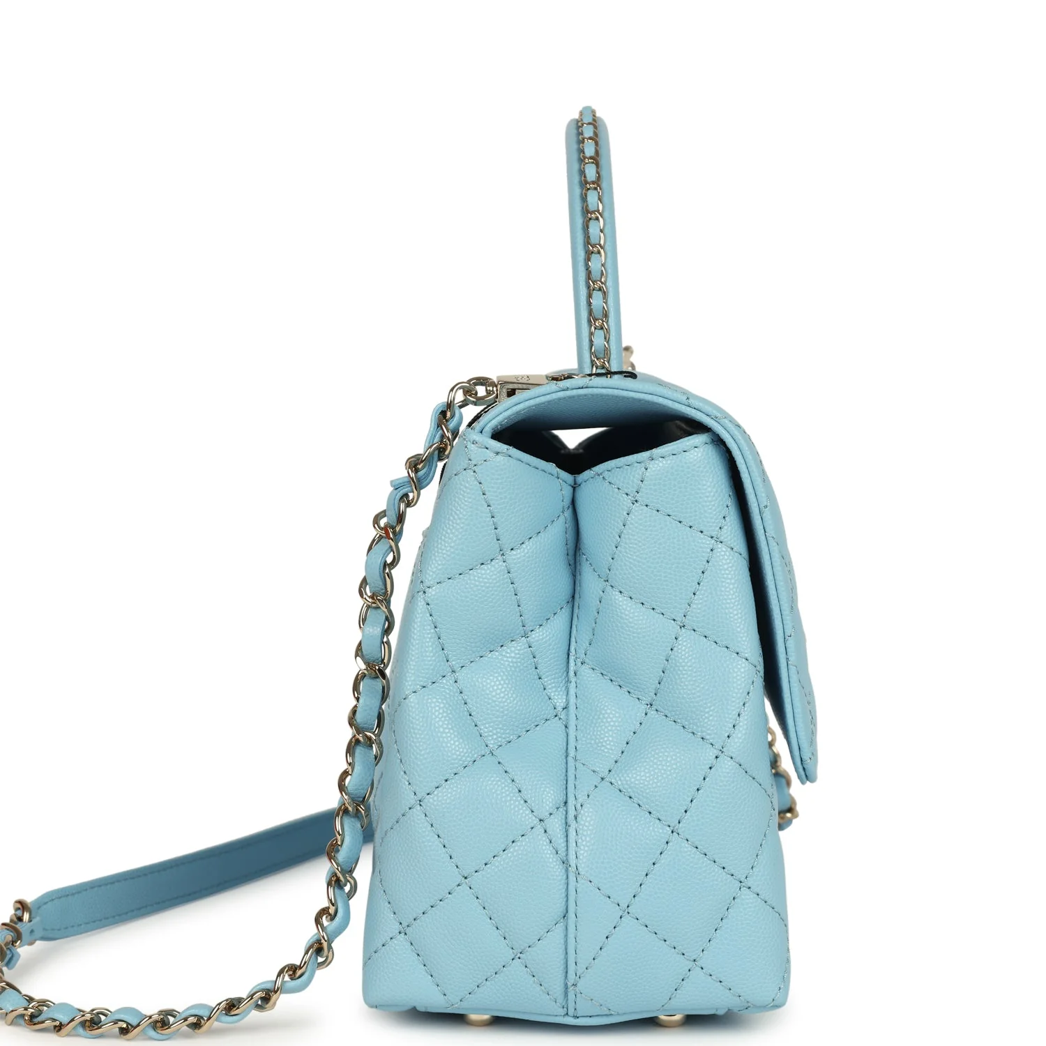 Chanel Medium Coco Top Handle Flap Bag Light Blue Shiny Caviar Light Gold Hardware
