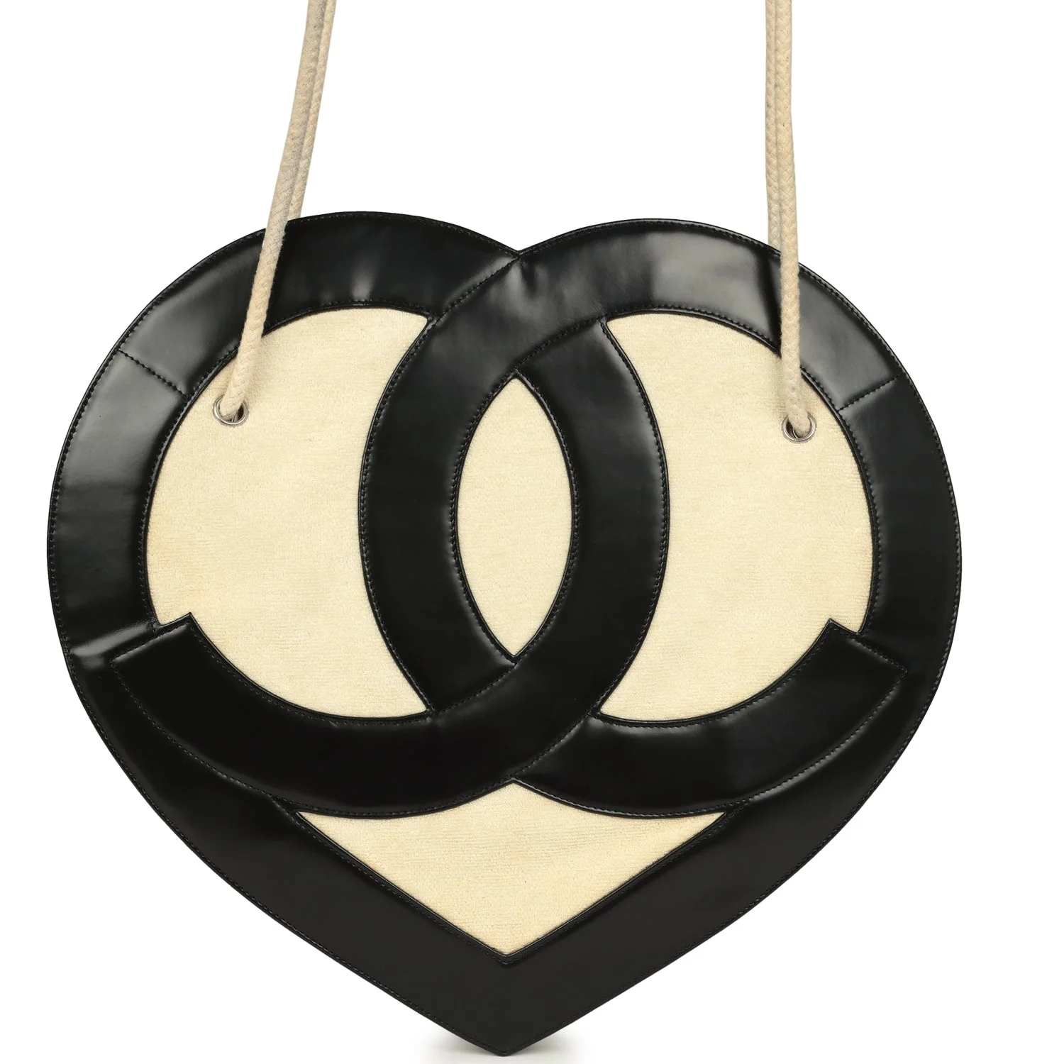 Pre-owned Chanel Jumbo Heart Tote Bag Cream Terry Cloth and Black Lambskin Silver Hardware