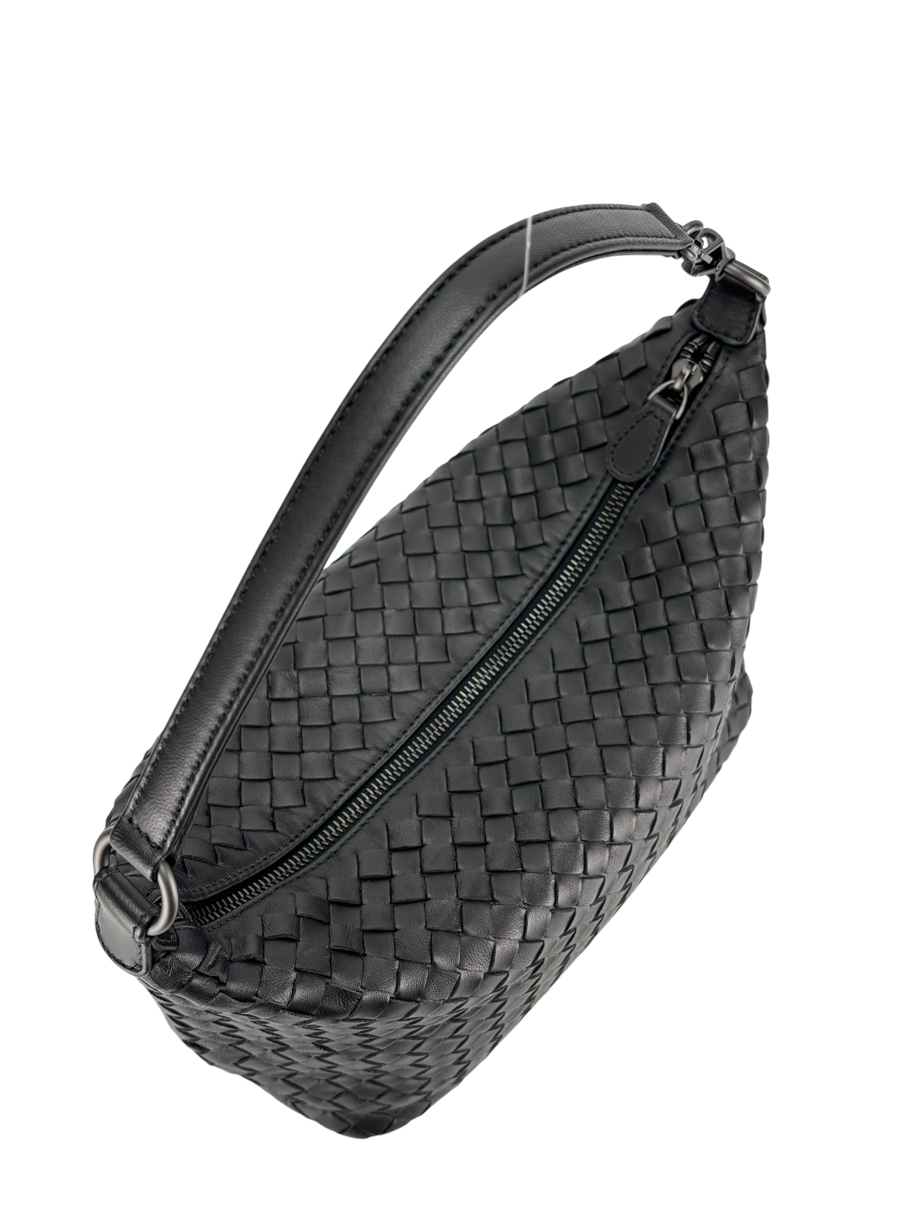 BOTTEGA VENETA - Black Lambskin Hobo Intrecciato Nappa