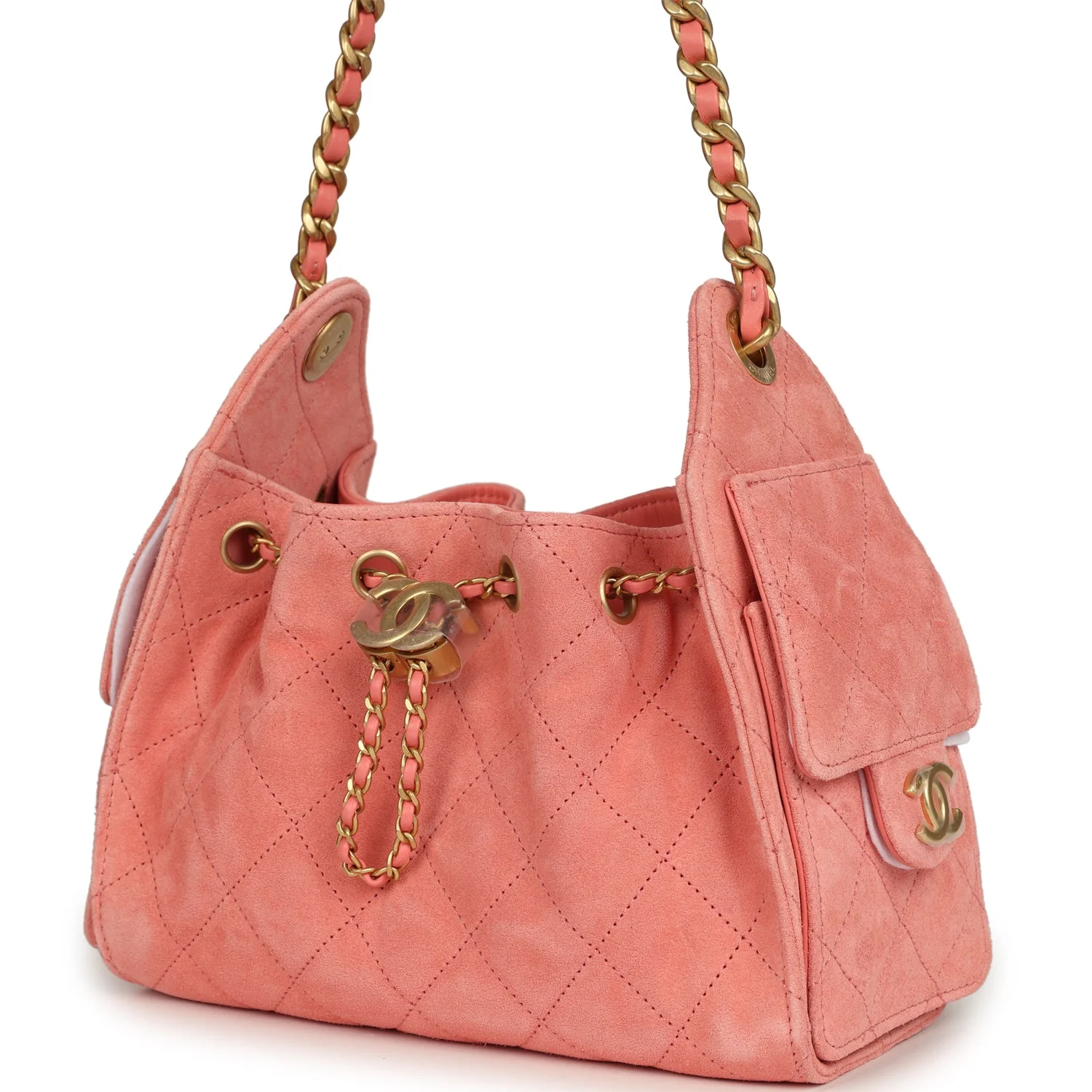 Chanel Mini 25 Hobo Bag Coral Pink Suede Antique Gold Hardware