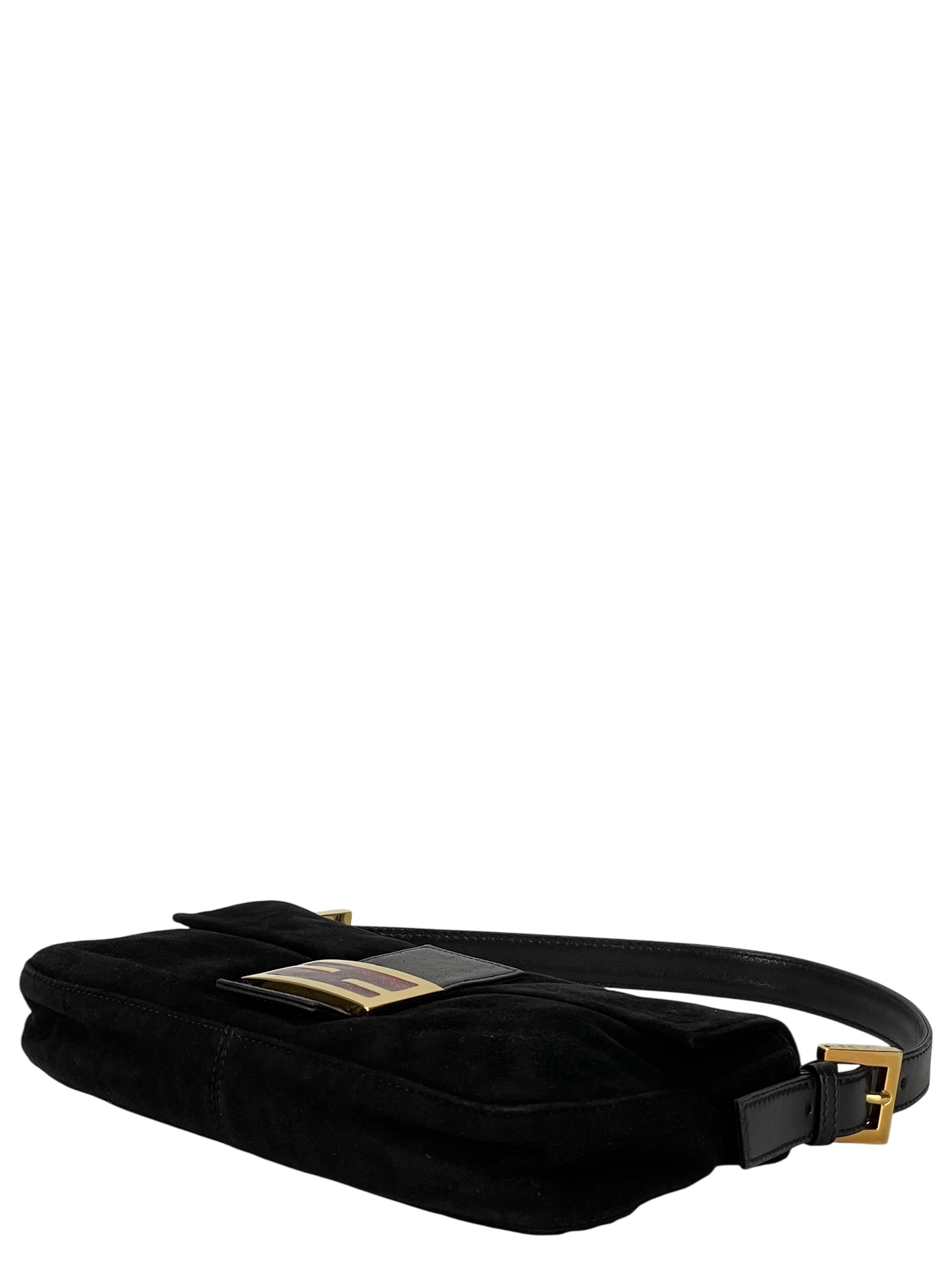 FENDI - Black Suede Baguette Handbag Gold Hardware