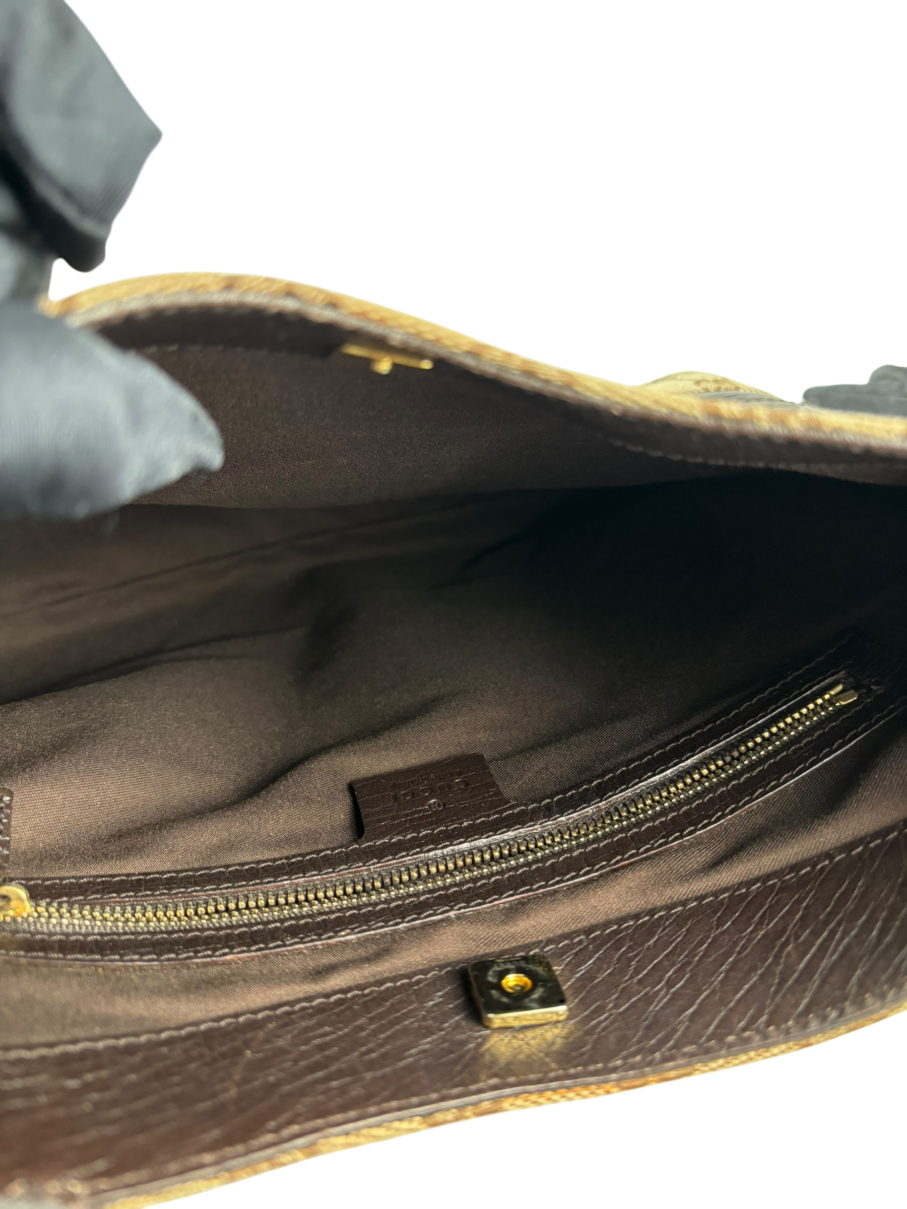 GUCCI -  Brown Leather Canvas GG Pattern Horsebit One Shoulder Bag