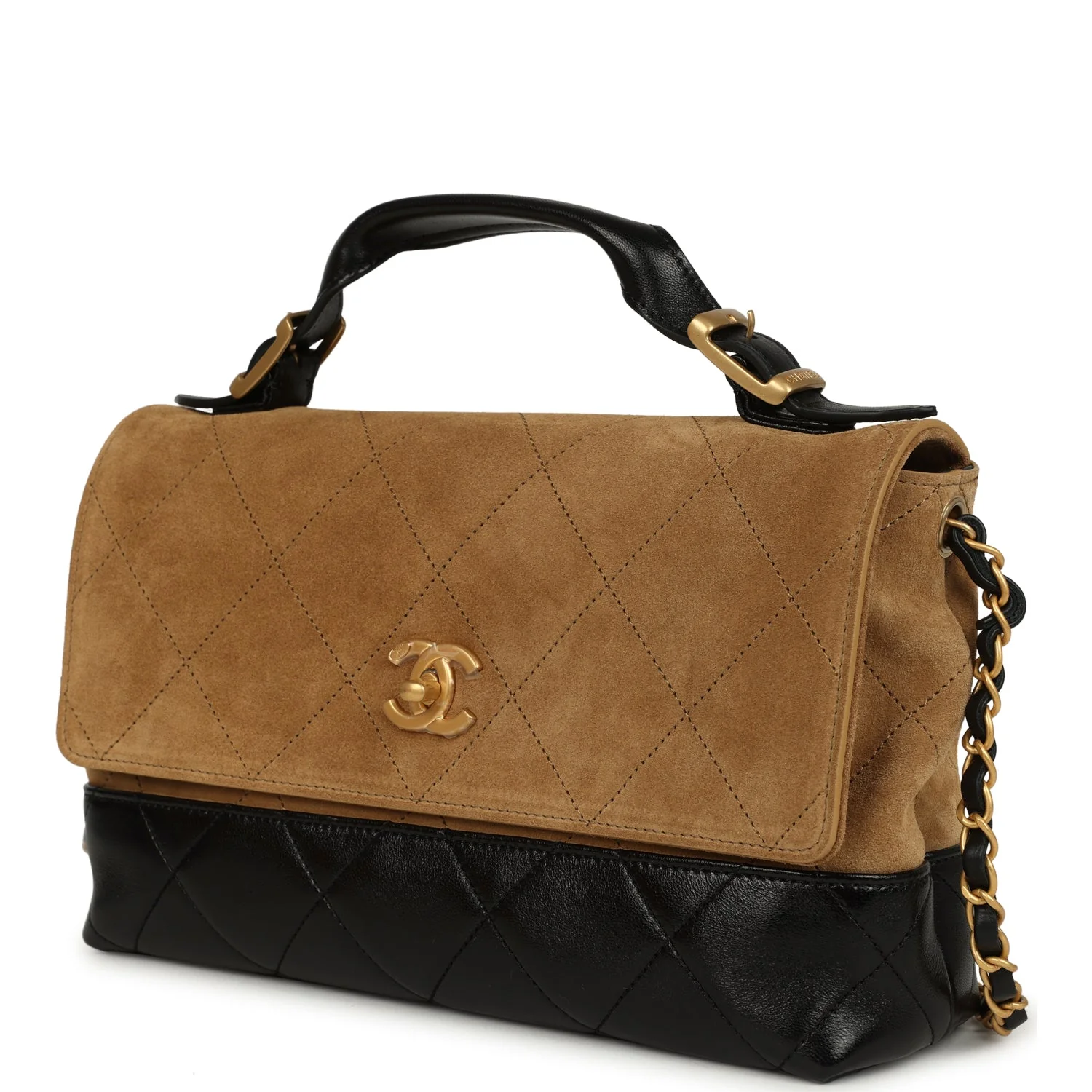 Chanel Coco Base Top Handle Flap Bag Brown Suede and Black Shiny Lambskin Brushed Gold Hardware