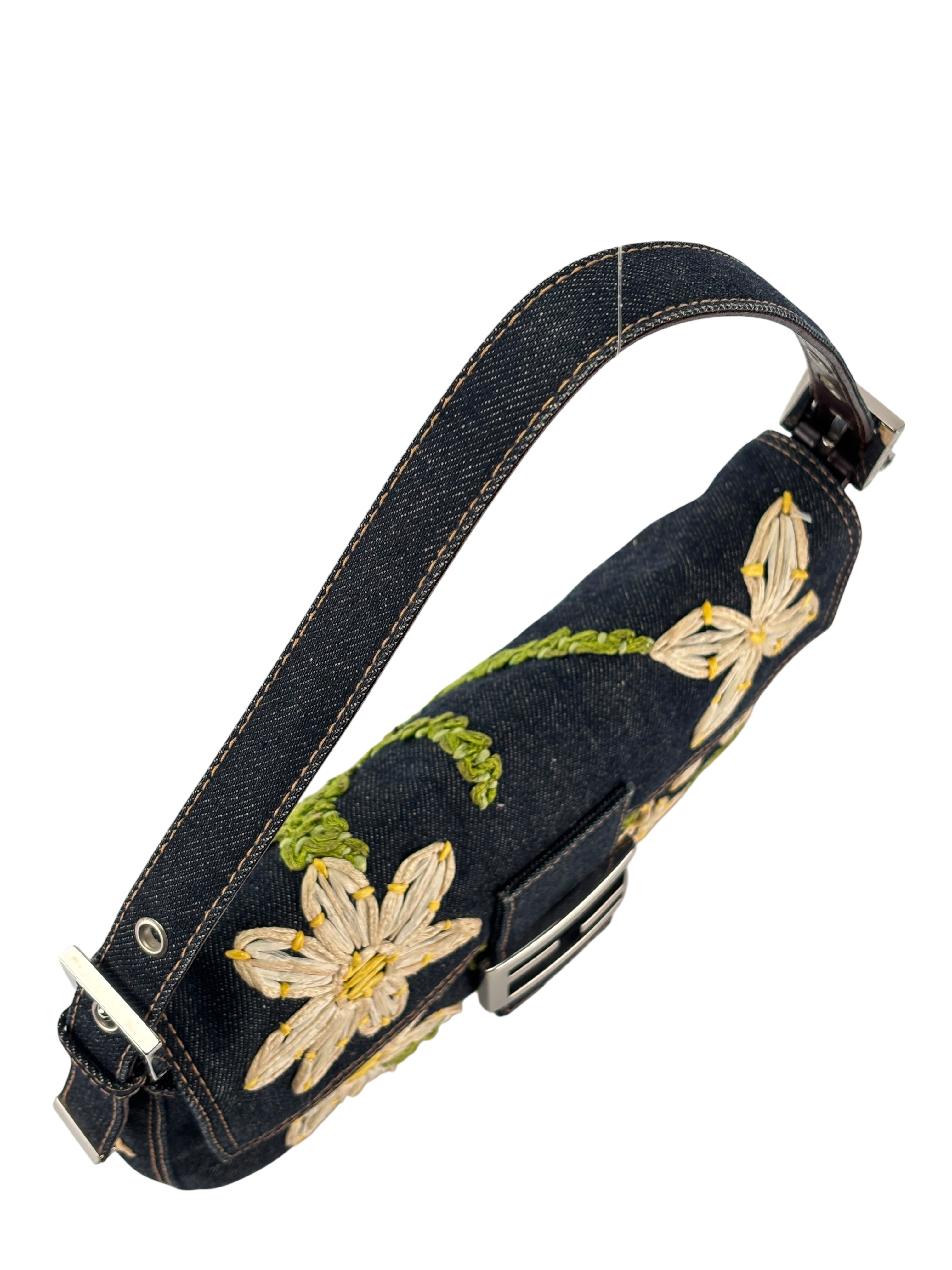 FENDI - Small Baguette Bag Denim Flower Navy