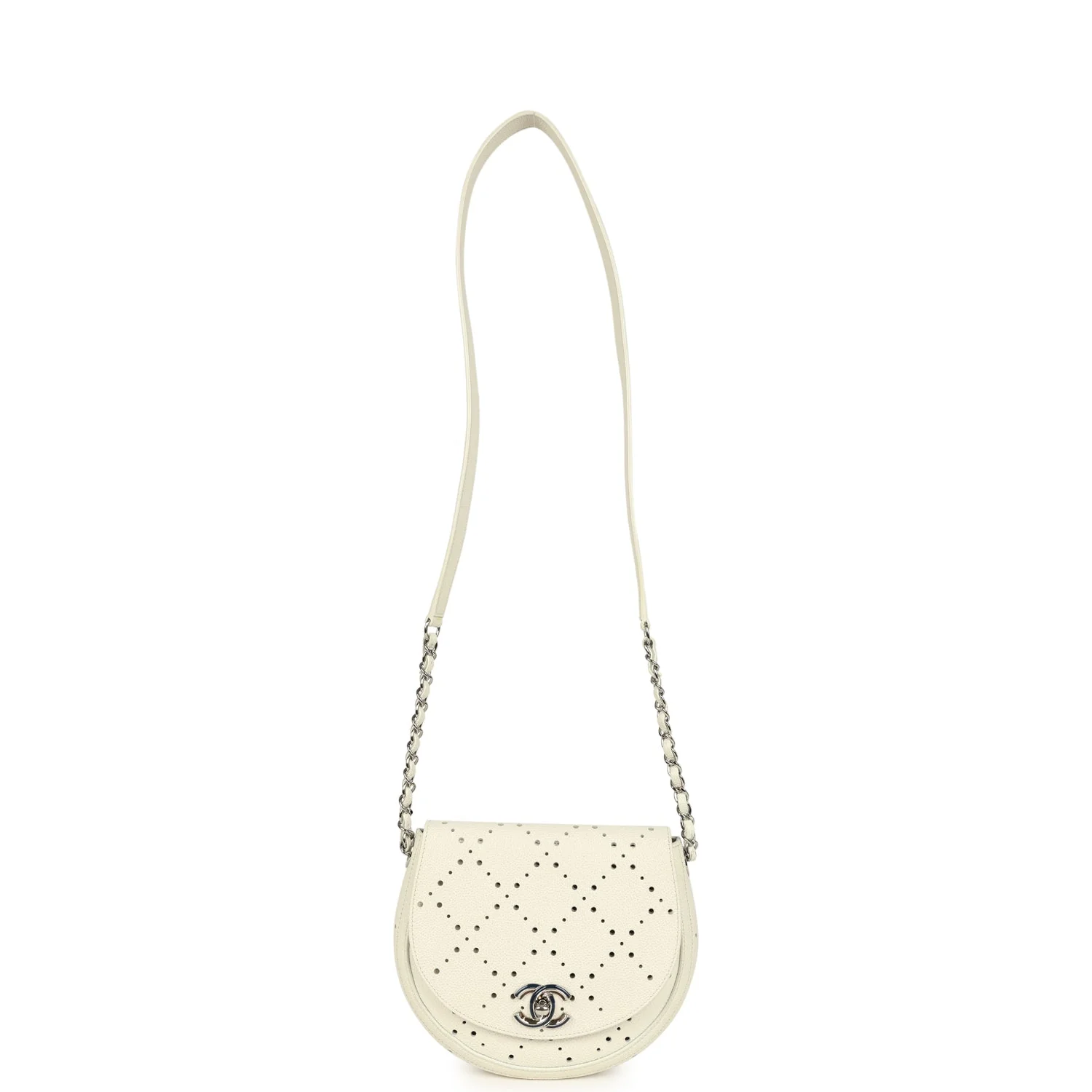 Pre-owned Chanel Perforated Messenger Bag White Caviar Silver Hardware