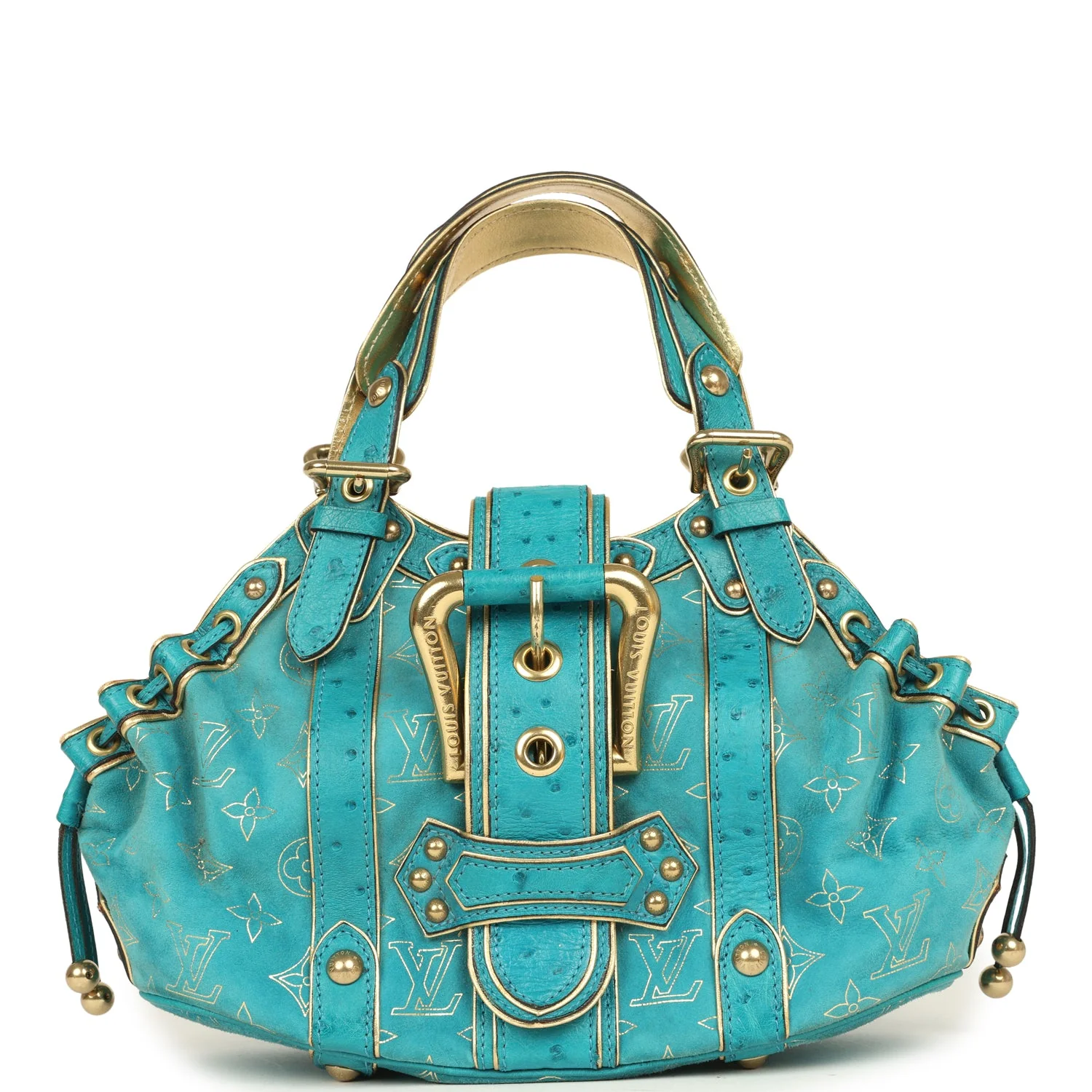 Vintage Louis Vuitton Theda GM Bag Blue and Gold Suede Monogram and Ostrich Gold Hardware