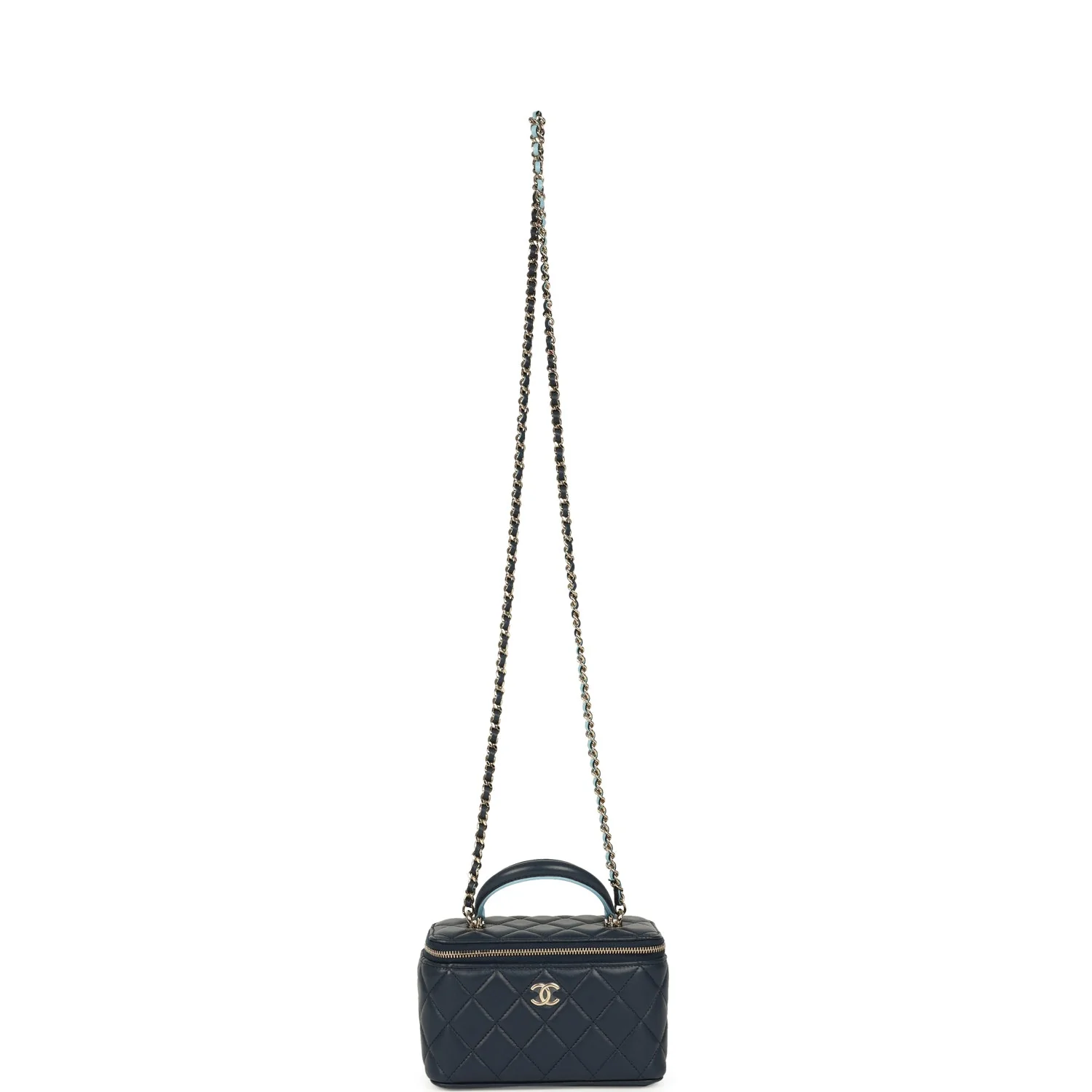Chanel Small Top Handle Vanity Case Navy & Light Blue Lambskin Light Gold Hardware