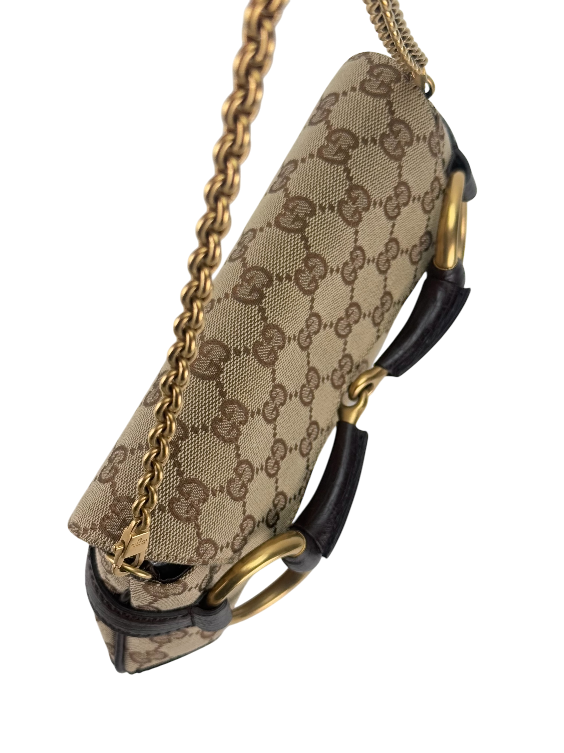 GUCCI -  Beige Brown 2WAY Horsebit Chain GG Canvas Handbag Clutch Bag