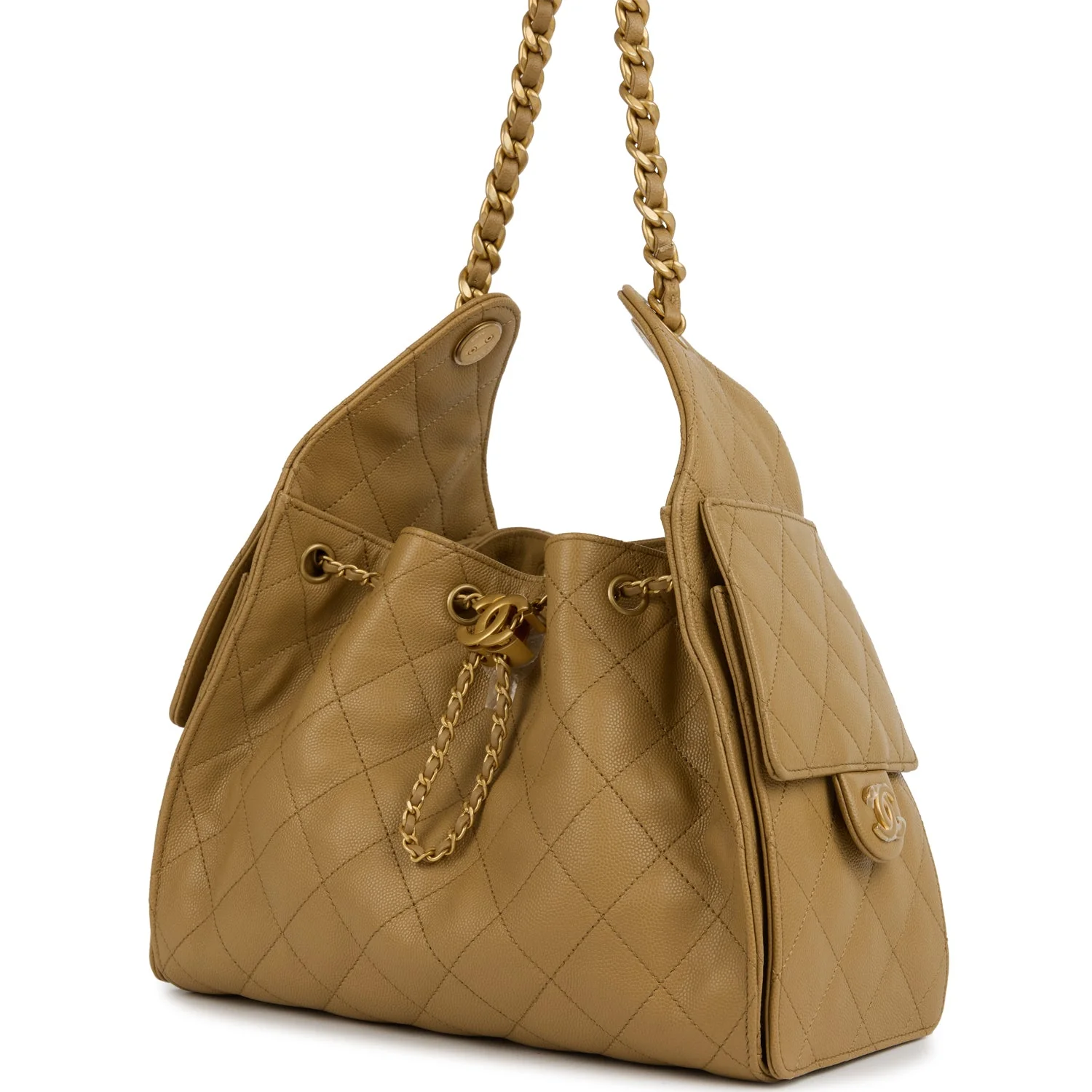 Chanel Small 25 Hobo Bag Dark Beige Caviar Antique Gold Hardware