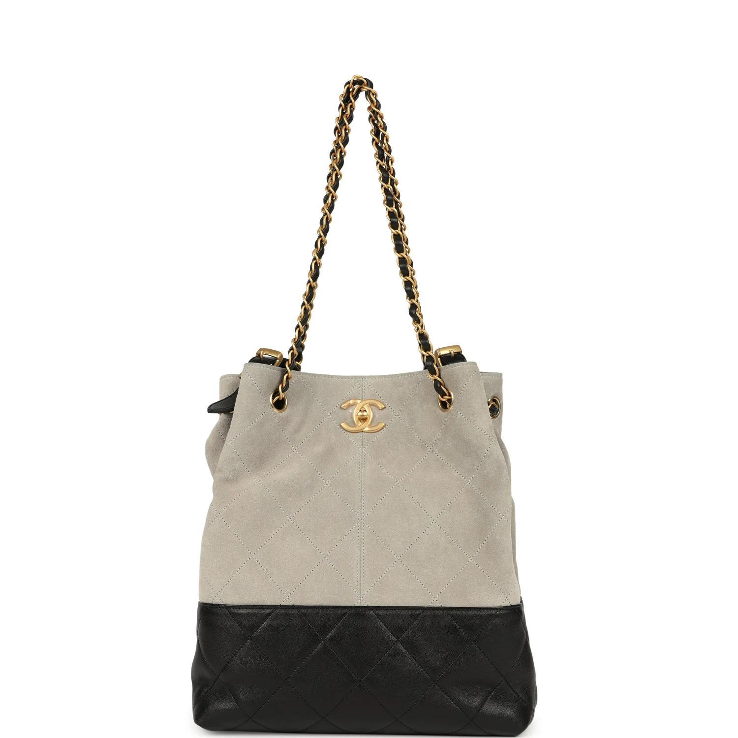 Chanel Coco Shopping Bag Dark Grey Suede and Black Shiny Lambskin Brushed Gold Hardware