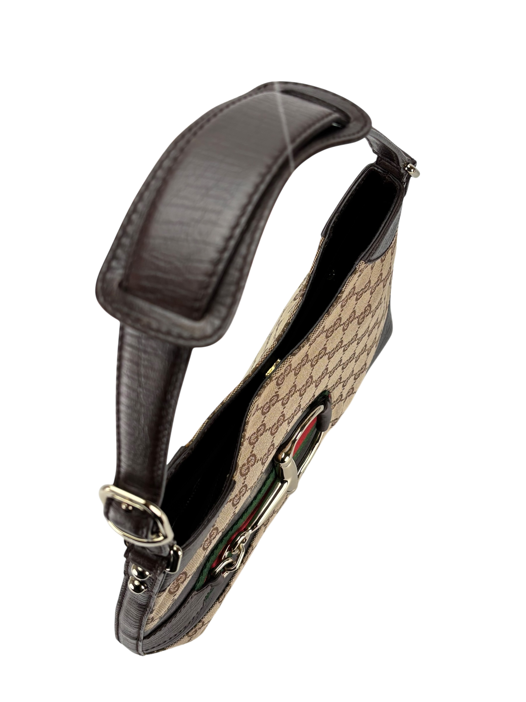 GUCCI -  Brown Leather Canvas GG Pattern Horsebit One Shoulder Bag