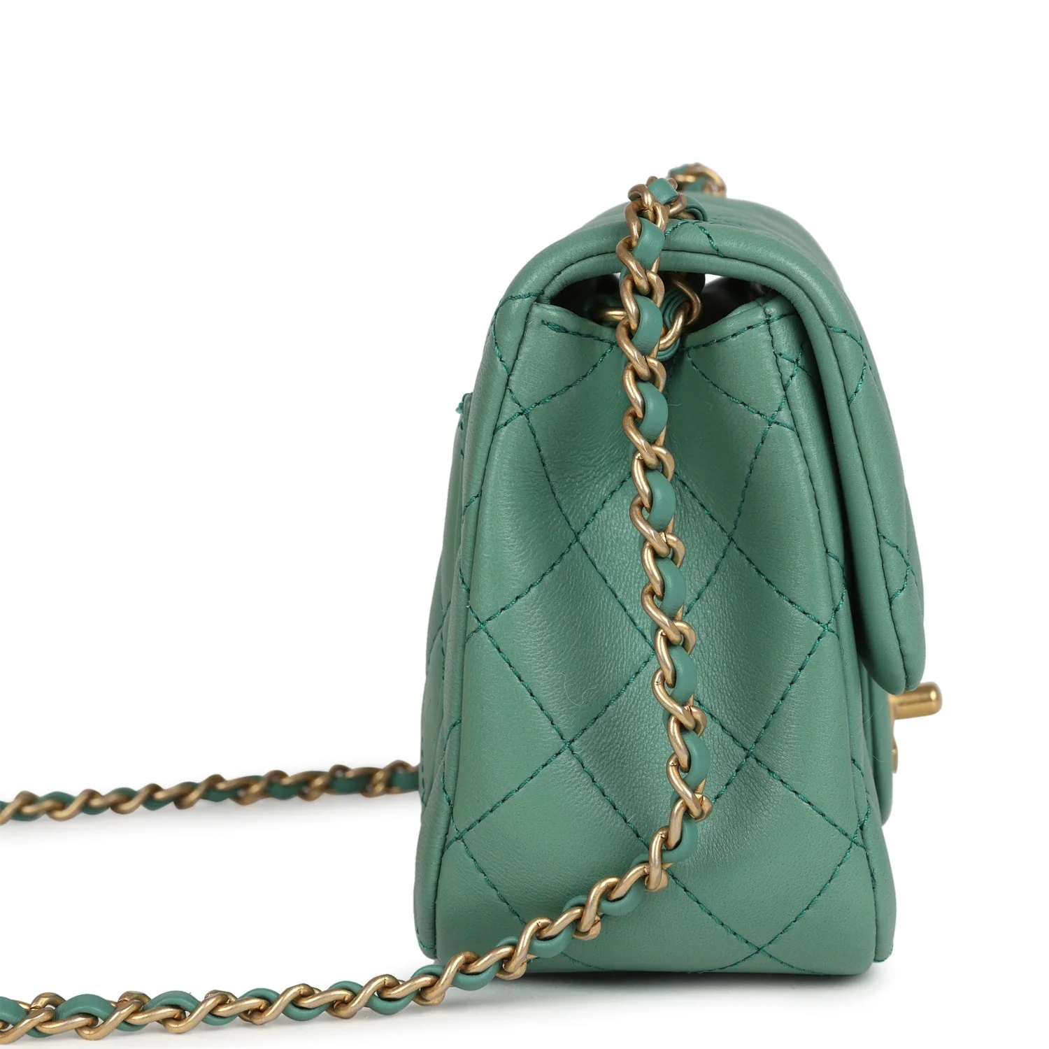 Chanel Mini Square Pearl Crush Flap Bag Green Lambskin Antique Gold Hardware
