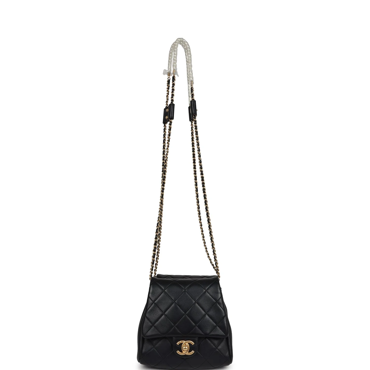Pre-owned Chanel Twins Side Pack Black Lambskin Faux Pearls & Brushed Gold Hardware