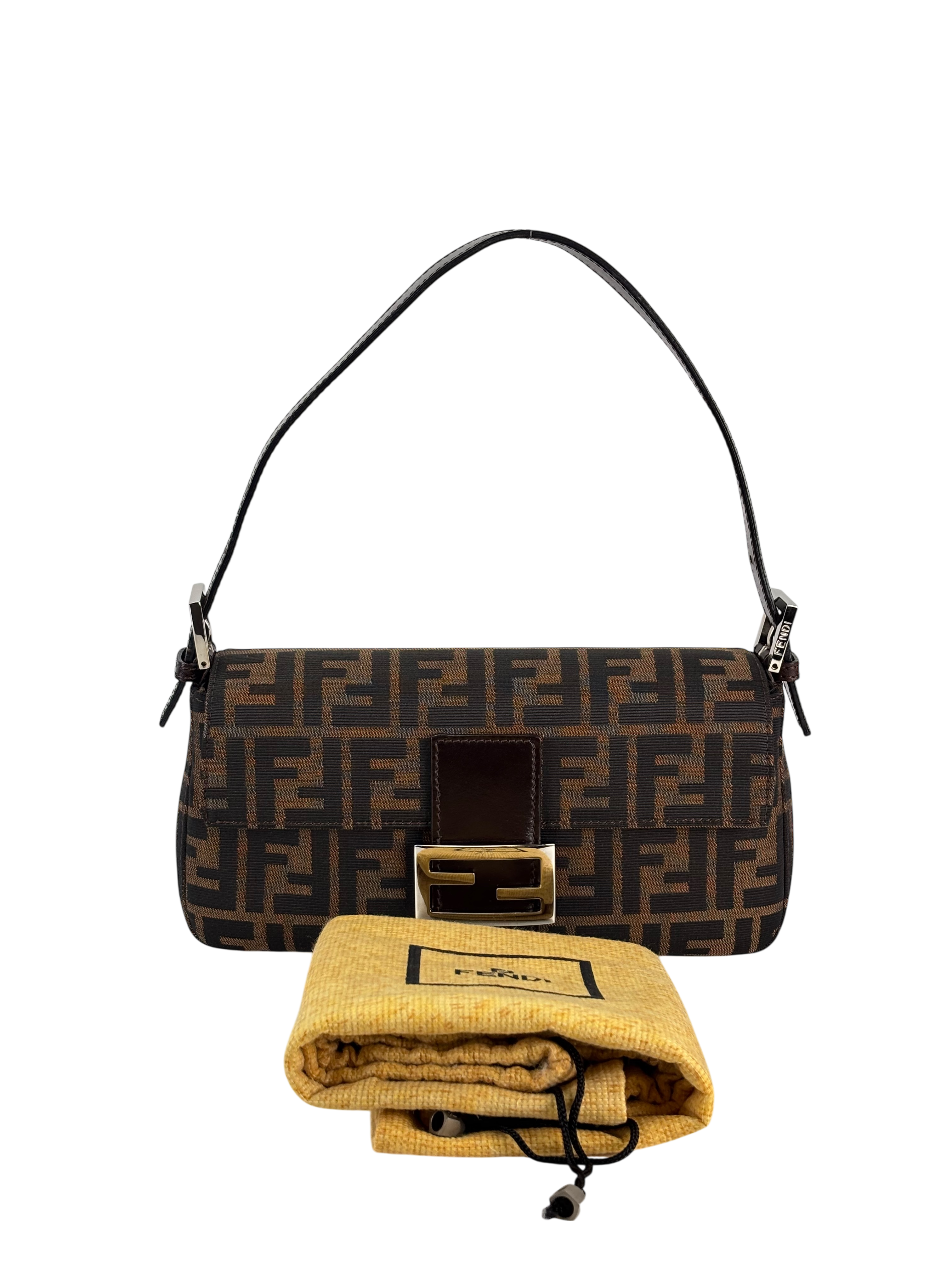 FENDI - Brown Canvas Baguette Handbag Silver Hardware