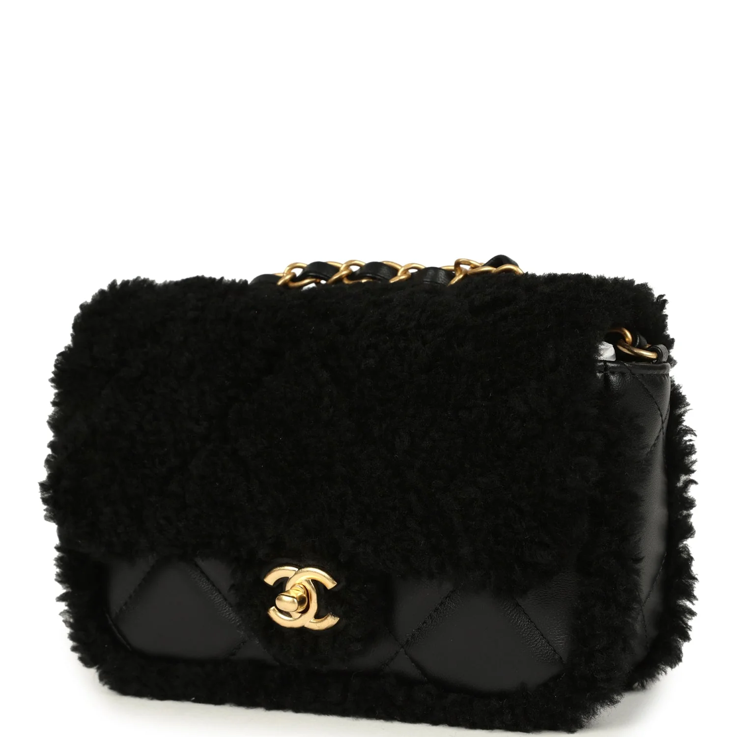 Chanel Mini Shearling Flap Bag Black Lambskin Brushed Gold Hardware