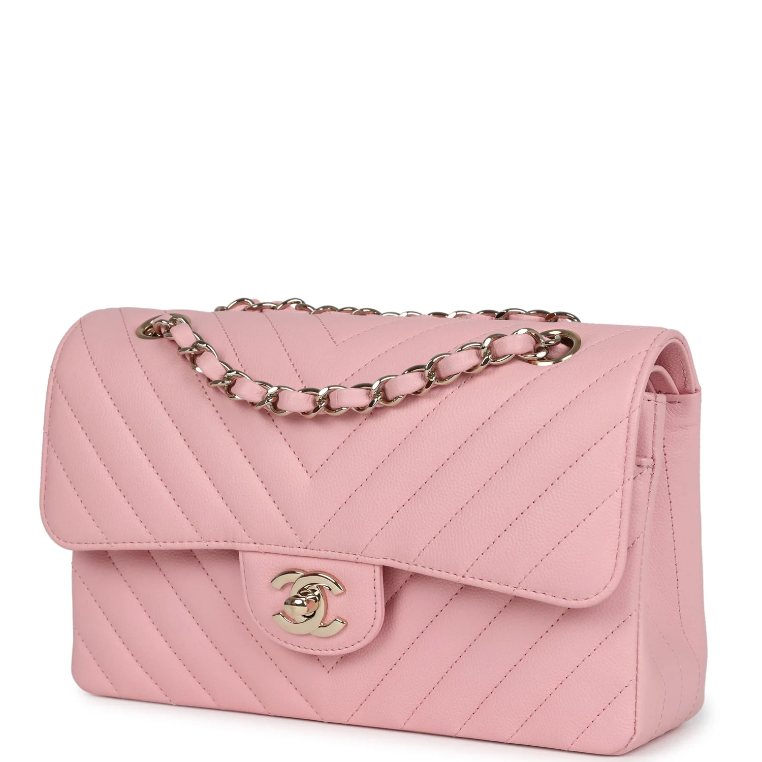Chanel Small Classic Double Flap Bag Light Pink Chevron Caviar Light Gold Hardware