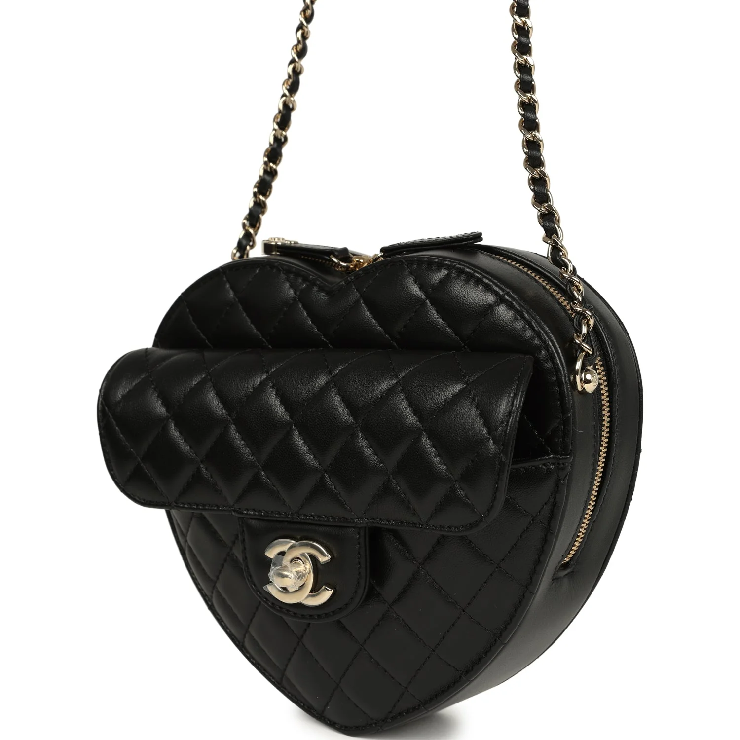 Chanel CC In Love Large Heart Bag with Chain Black Lambskin Light Gold Hardware