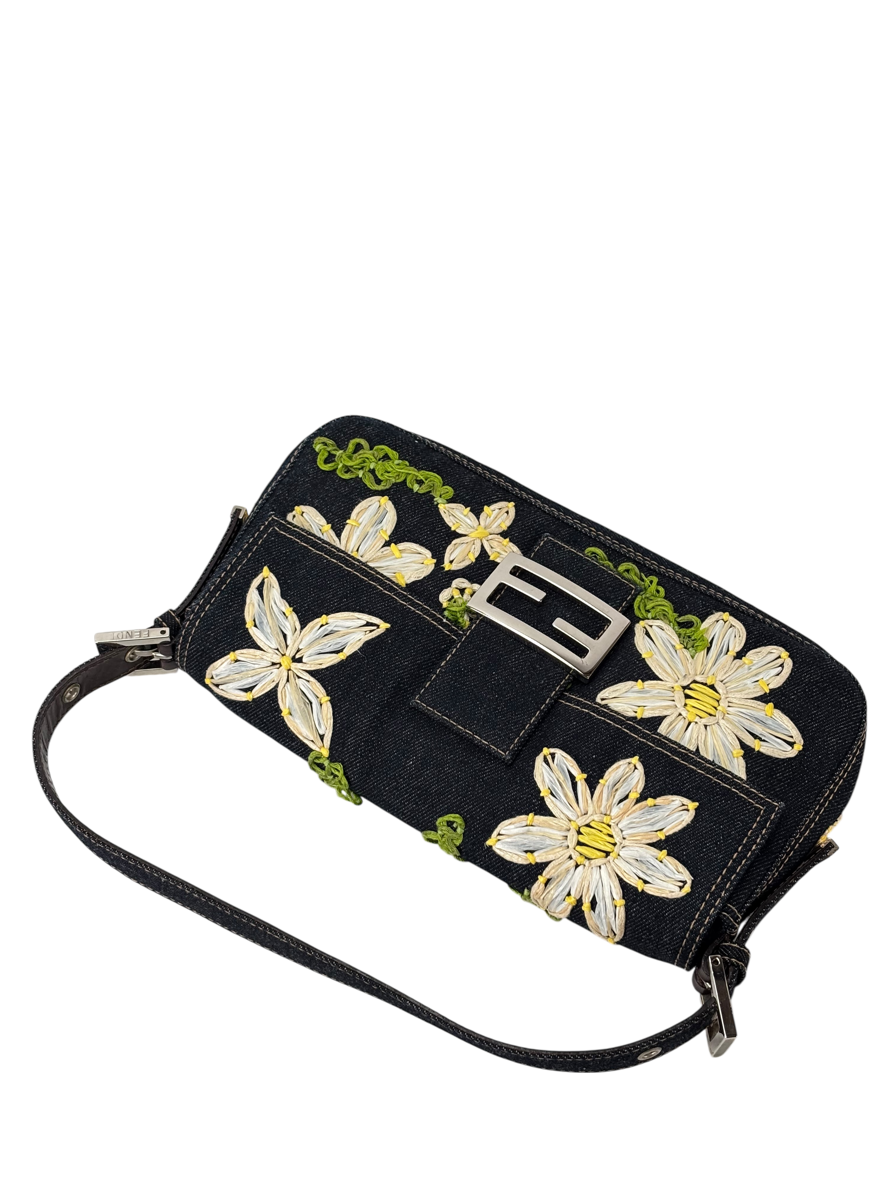 FENDI - Small Baguette Bag Denim Flower Navy