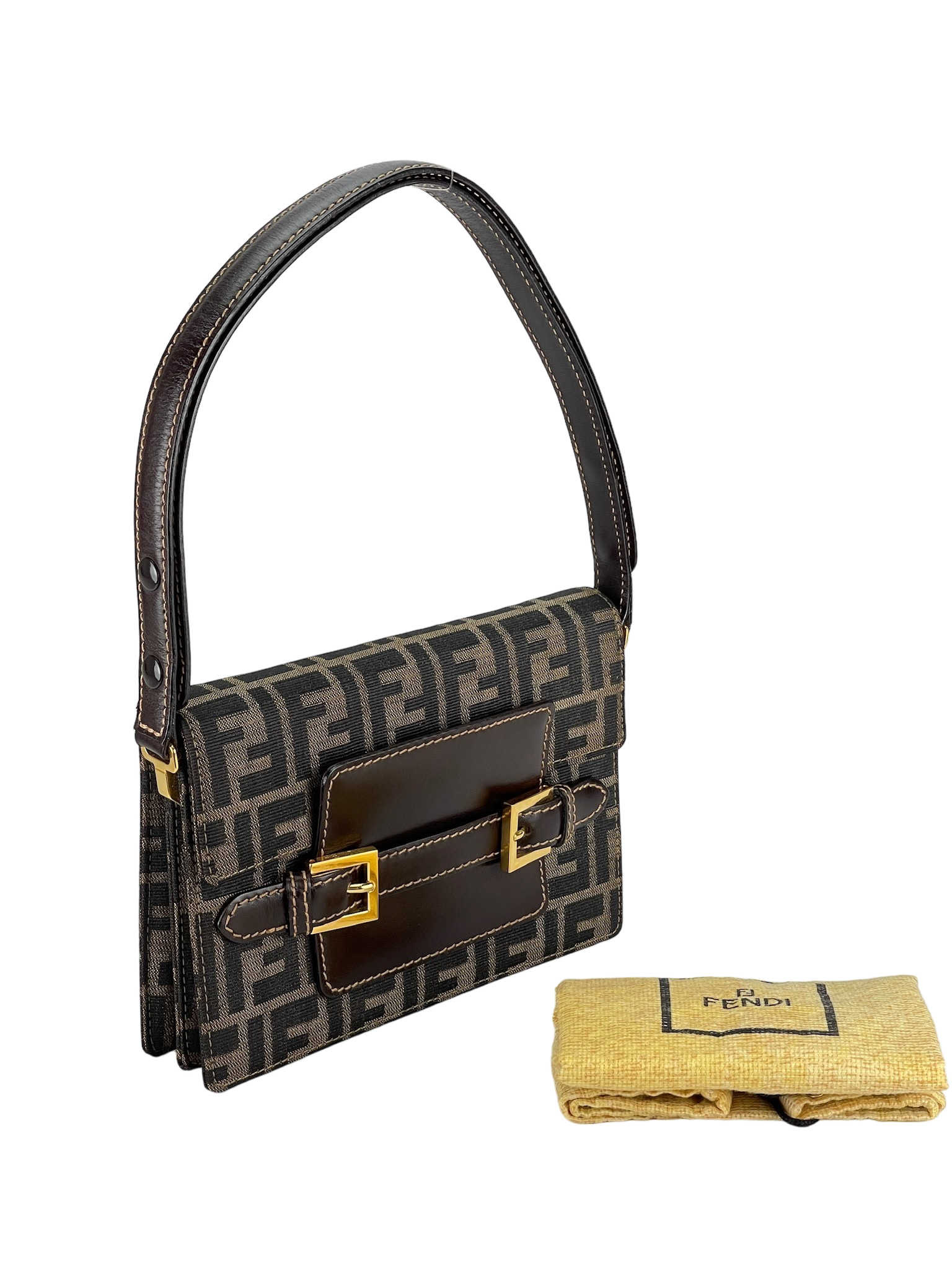 FENDI - Brown Zucca Belt Motif Shoulder Bag